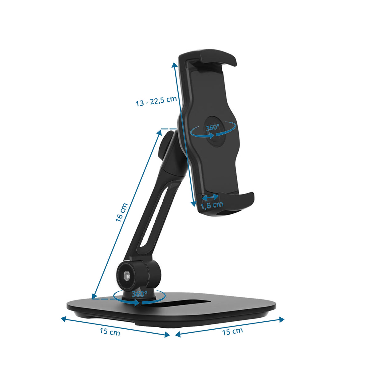 Maattekening van de Houder voor mobiele telefoon & tablet FLEXMOBI IV met 15 × 15 cm basis van hjh OFFICE