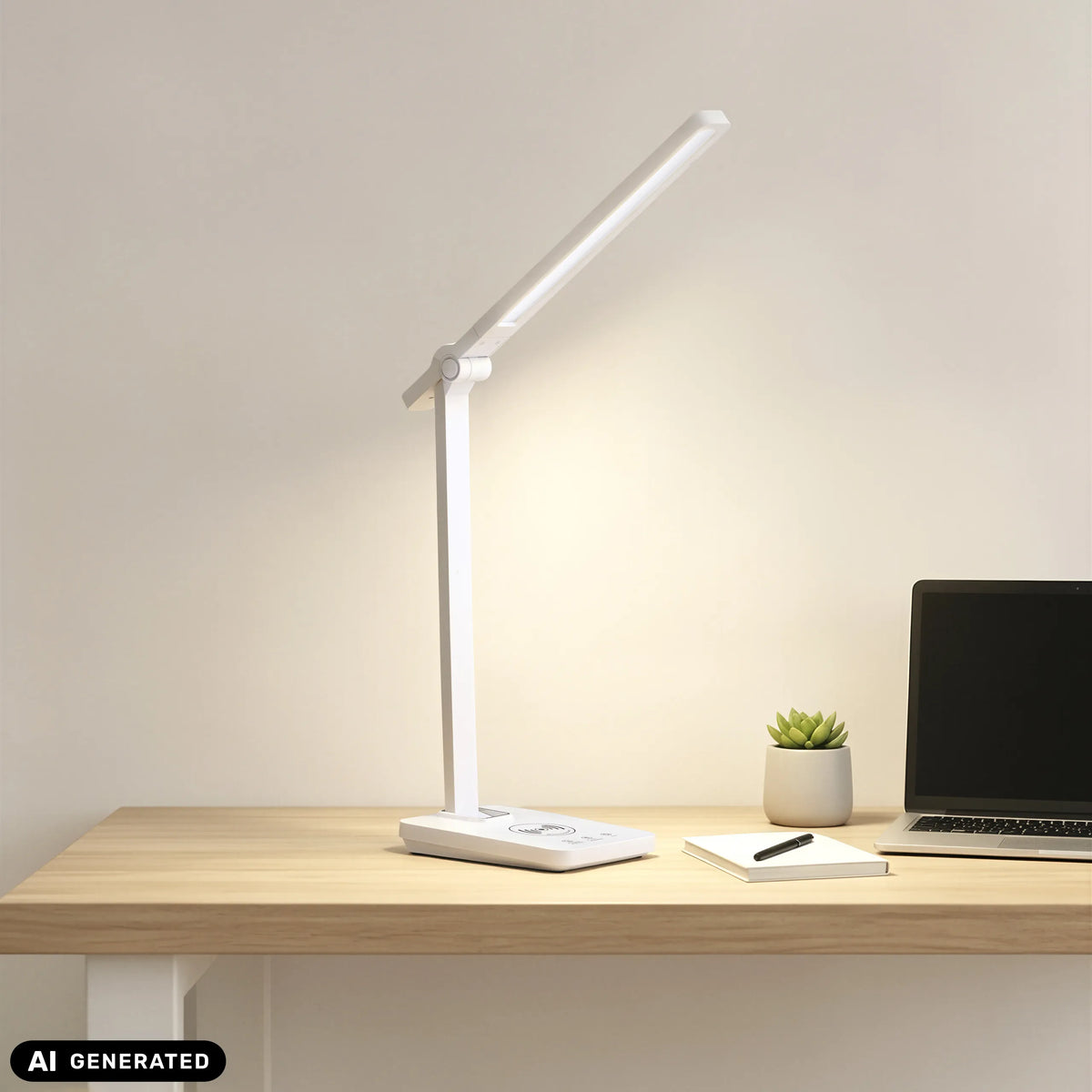 Witte Lumanova D1 bureaulamp met een smalle lampkop op een houten tafel van hjh OFFICE (AI-gegenereerde afbeelding)