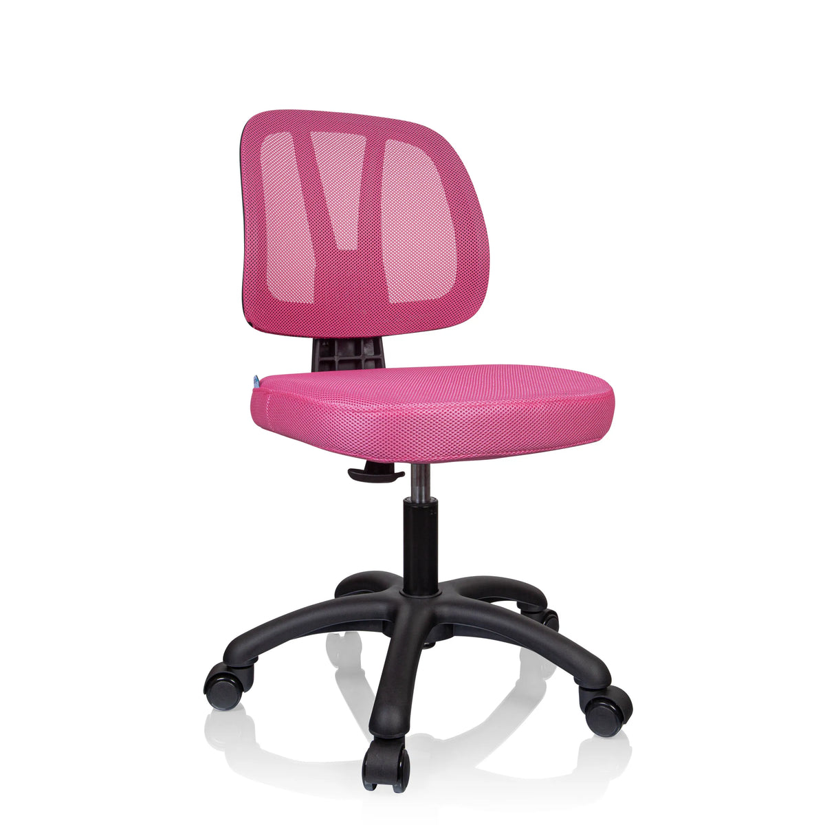 Roze Kinder bureaustoel KID YU 200 met netrugleuning en zwart vijfpootkruis met wieltjes van hjh OFFICE – 360-gradenweergave (schuin vooraanzicht 30°)
