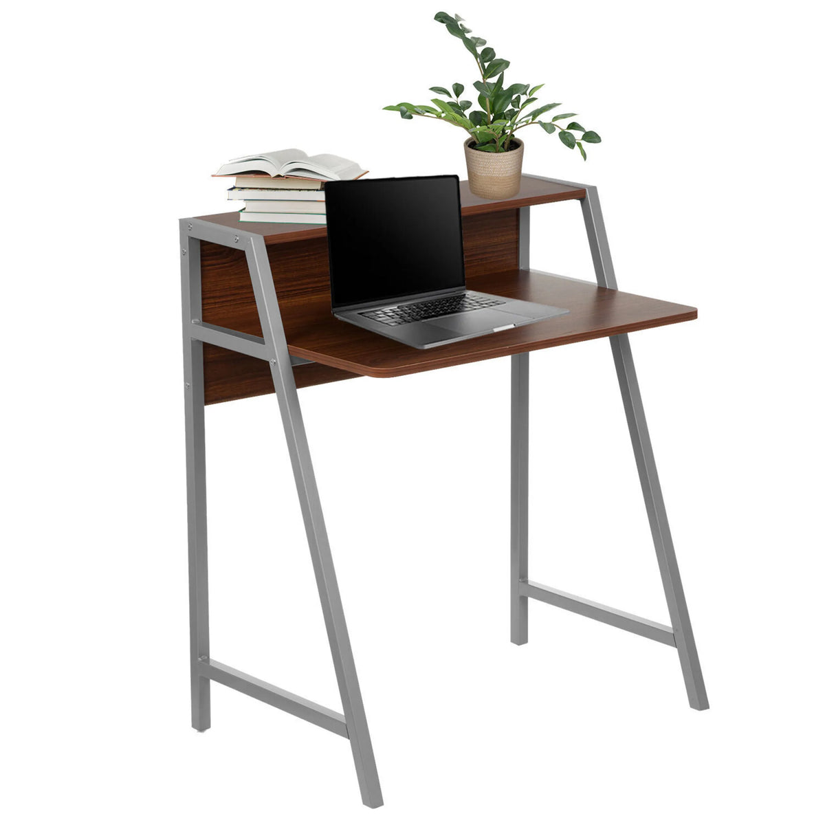 Bureau DUMONT in walnoot met twee niveaus, zilverkleurig frame, laptop en decoratieartikelen van hjh OFFICE