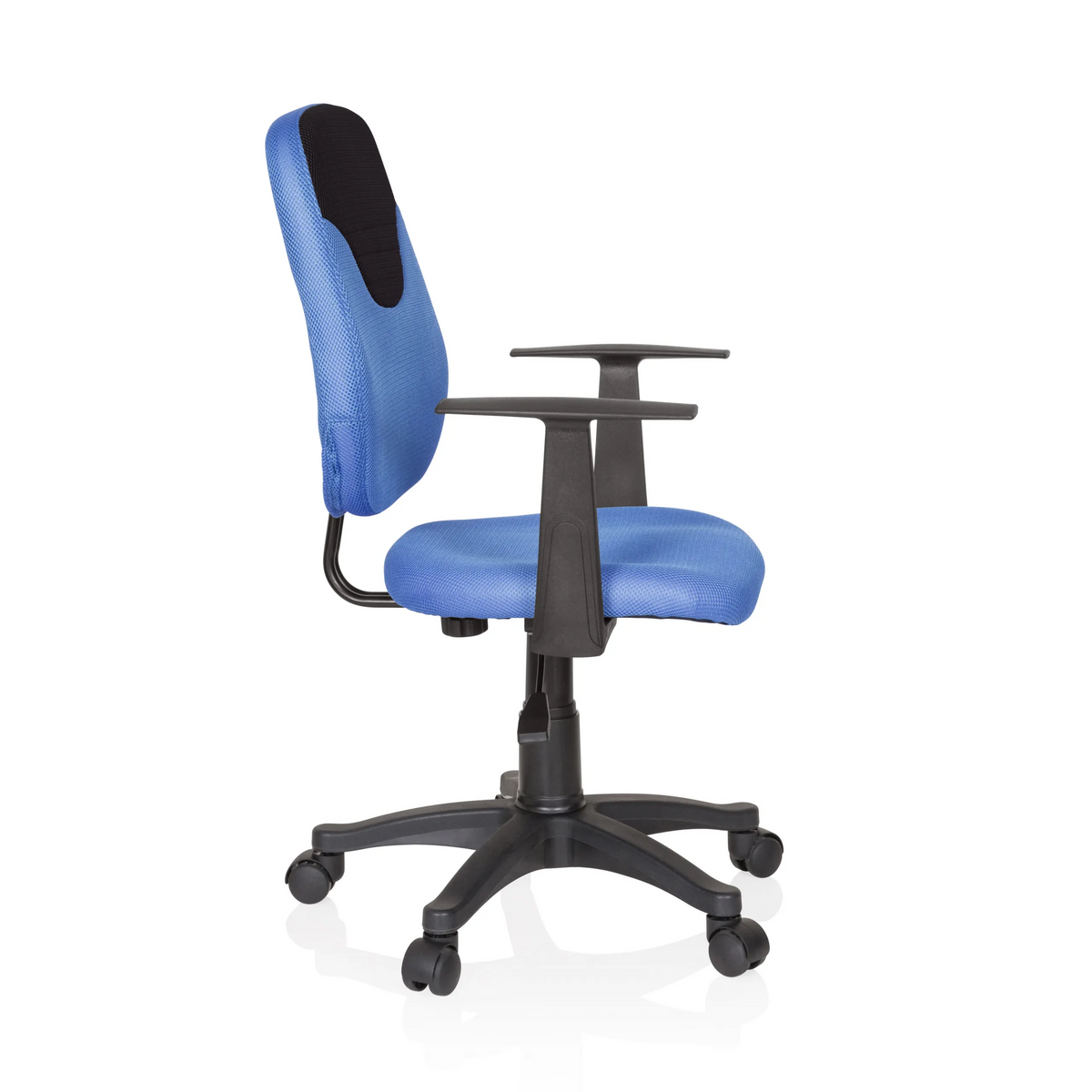 Blauwe Kinder bureaustoel KIDDY STYLE met netrugleuning, armleuningen en vijfpoot met wieltjes van hjh OFFICE – 360-gradenweergave (zijaanzicht 80°)