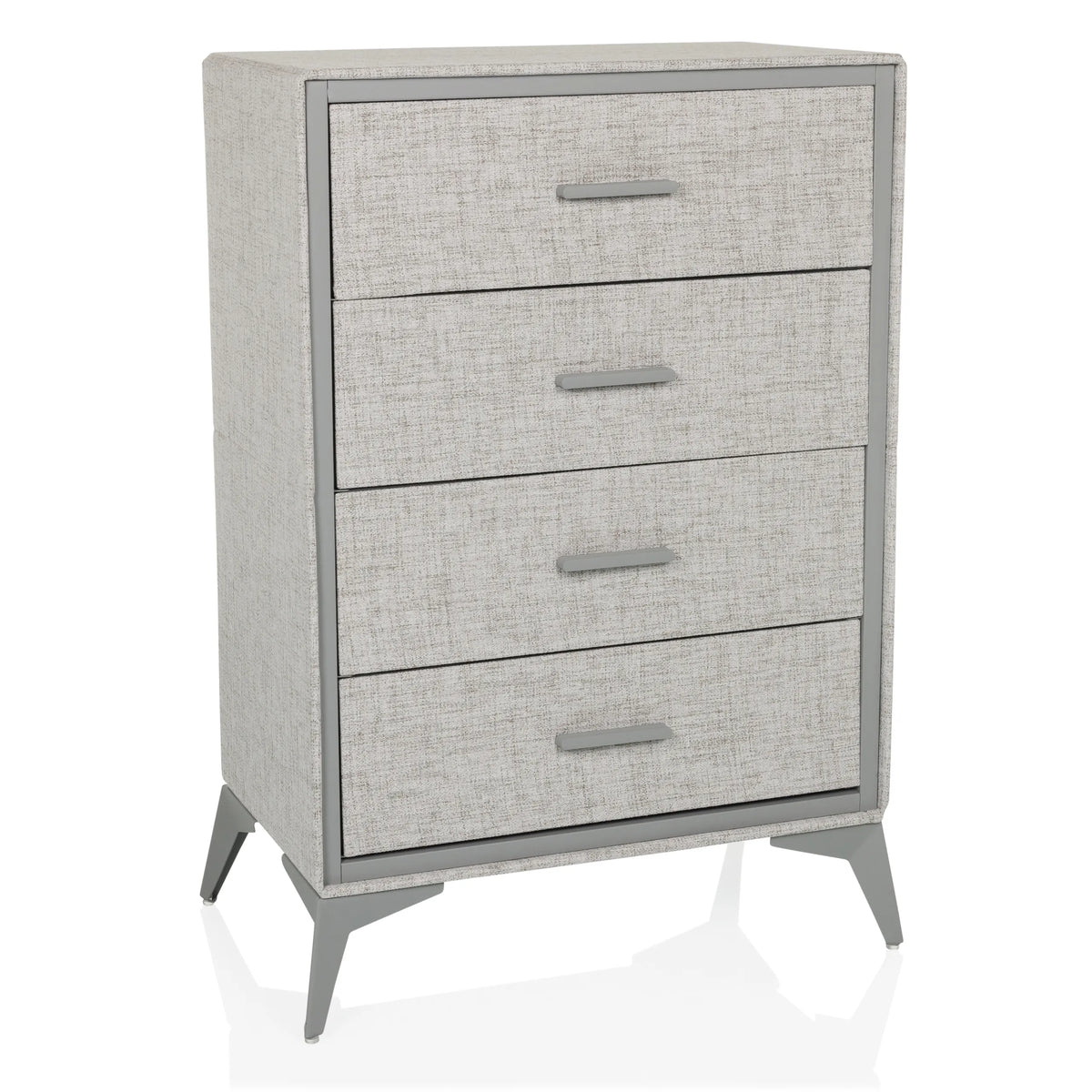 Grijze Commode SKUFFY met vier laden en slanke poten van hjh LIVING – 360-gradenweergave (vooraanzicht 15°)