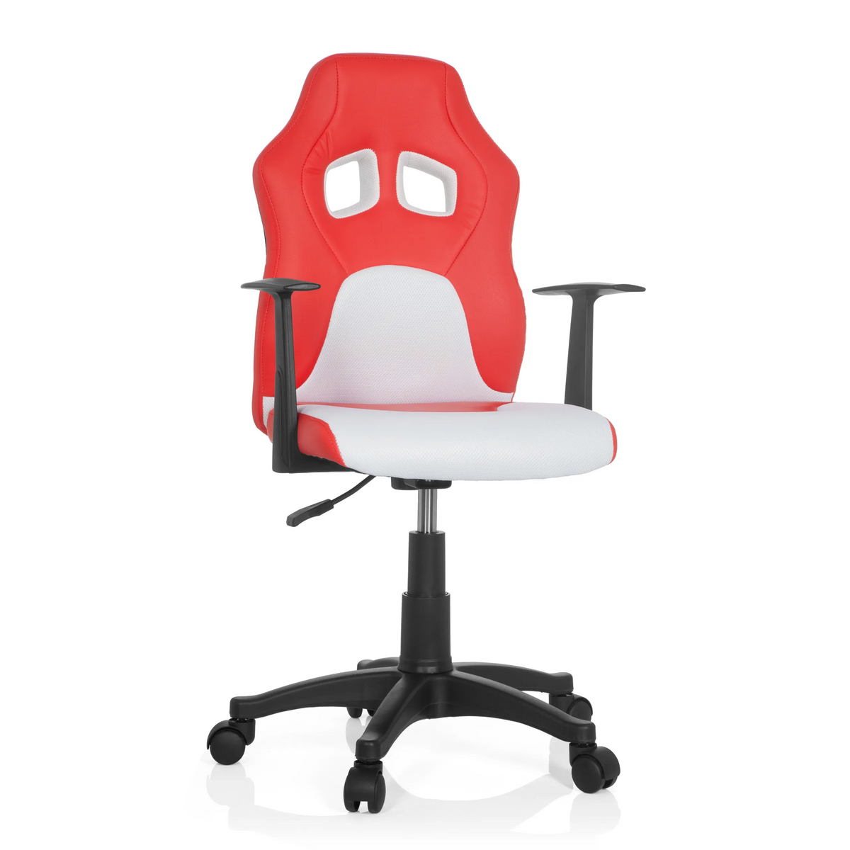 Rood-witte TEEN GAME AL kinder bureaustoel met armleuningen en zwart vijfsterrenvoet met zwenkwielen van hjh OFFICE – 360-gradenweergave (vooraanzicht 20°)