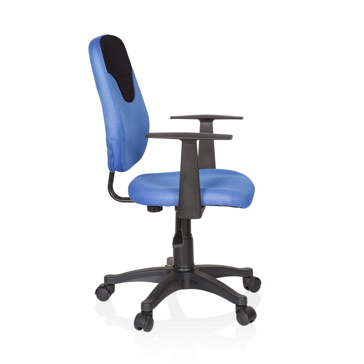 Blauer Kinderdrehstuhl KIDDY STYLE mit Netzrücken, Armlehnen und Fußkreuz mit fünf Rollen von hjh OFFICE – 360-Grad-Ansicht (Seitenprofil 80°)