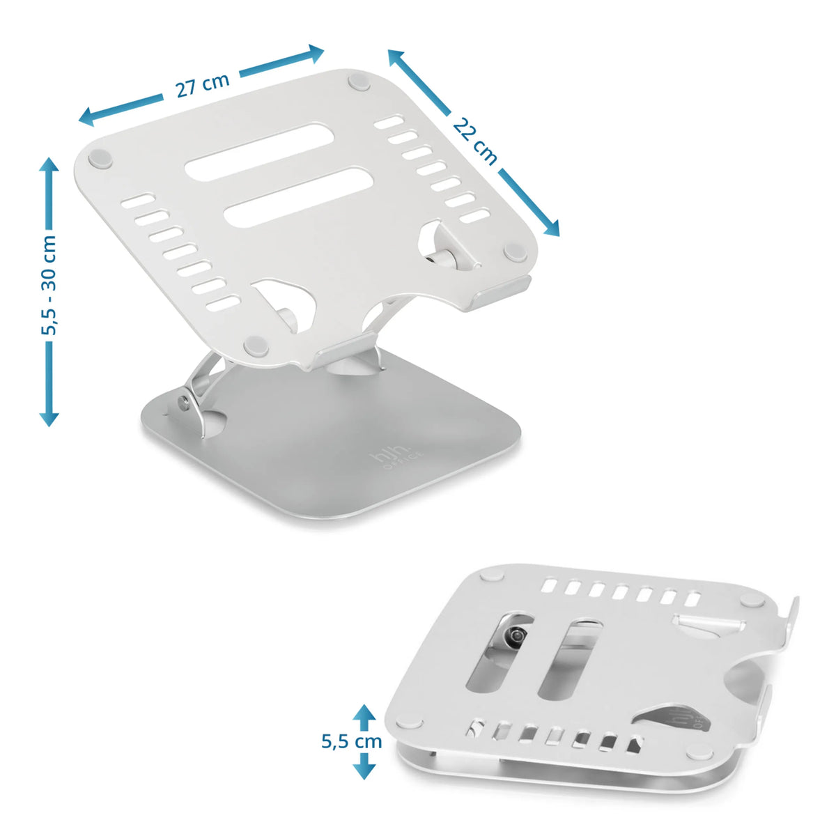 Maattekening van de onderzetter LAPTOP STAND met 27 × 22 cm en een hoogte van 5,5 tot 30 cm van hjh OFFICE