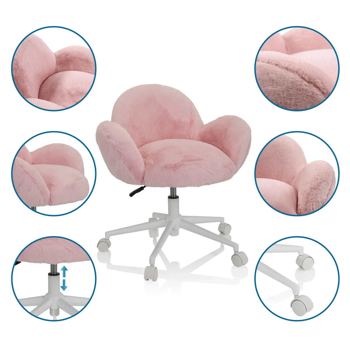 Roze Kinder bureaustoel KID TEDDY met pluizige bekleding, wit onderstel en wieltjes van hjh OFFICE