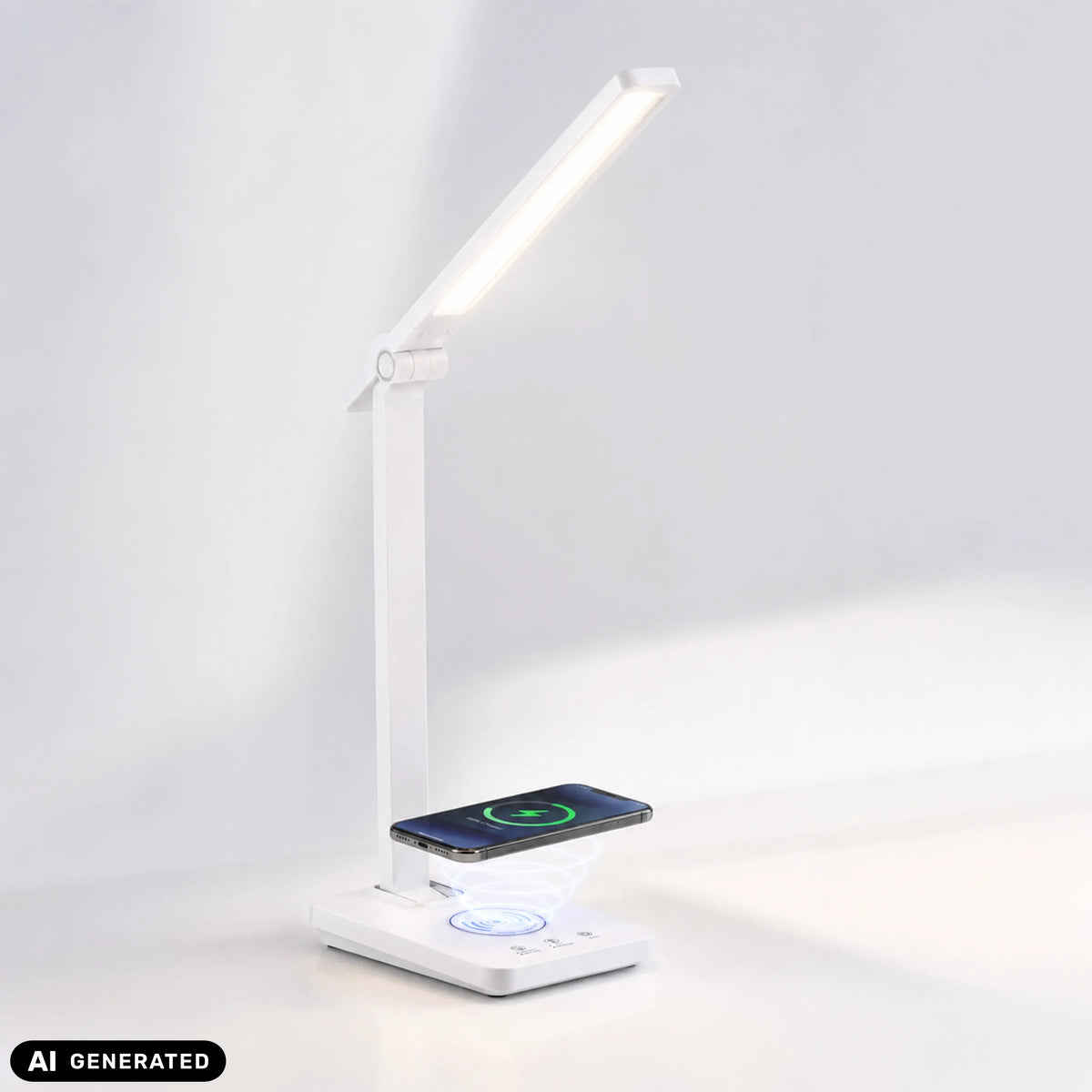 Witte Lumanova D1 bureaulamp met geïntegreerd laadstation van hjh OFFICE (AI-gegenereerde afbeelding)