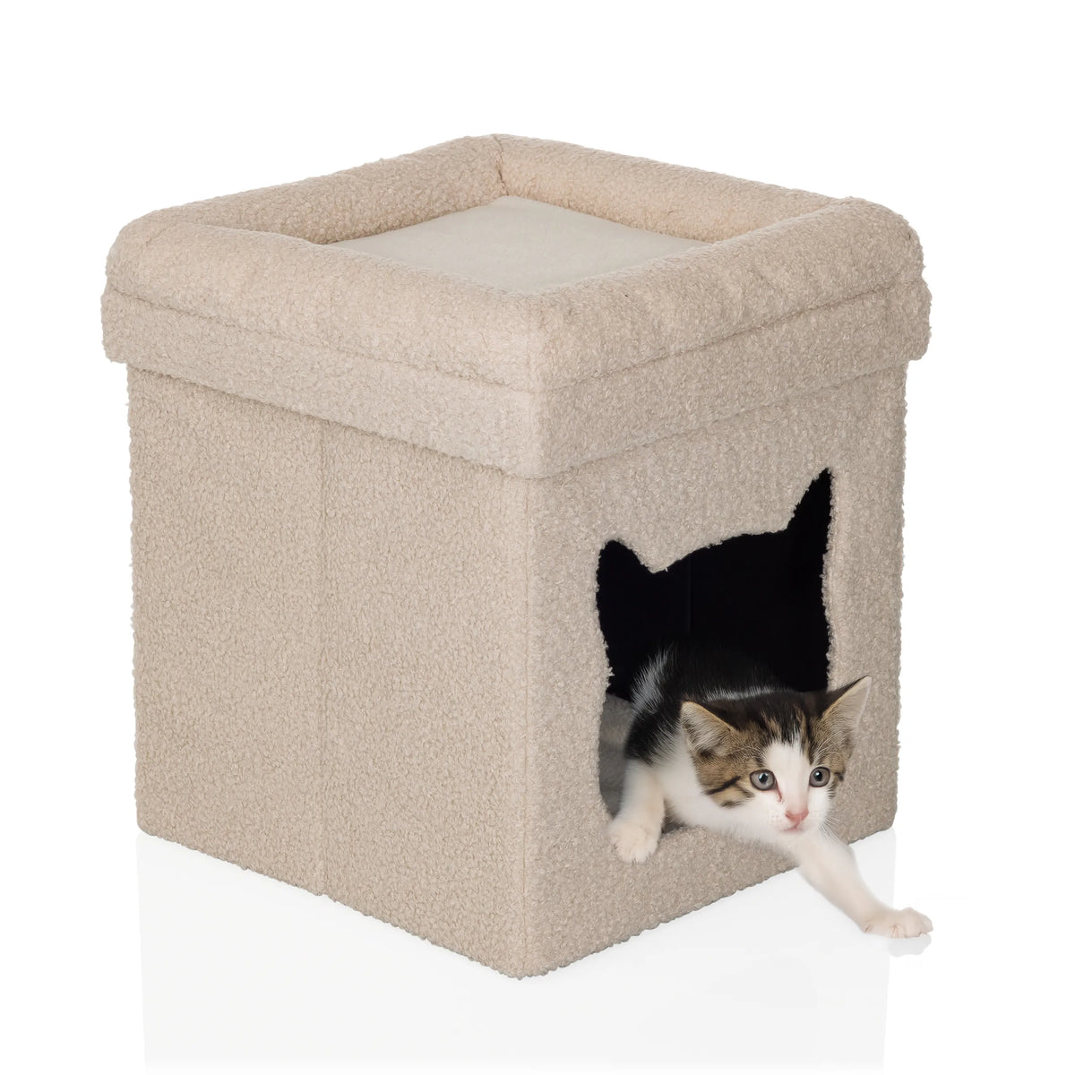 Beige kattenhuis PAWY ES met zachte pluche bekleding en een klein katje erin van hjh LIVING