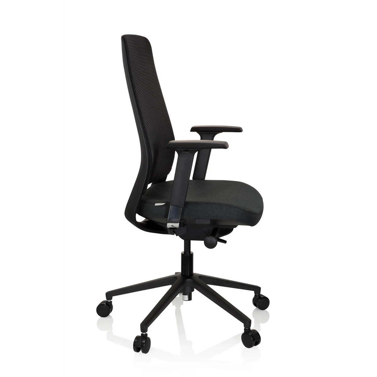 Zwarte Professionele bureaustoel CHIARO T1 BLACK met netrugleuning en vijfpoot met wielen van hjh OFFICE – 360-gradenweergave (zijaanzicht 80°)