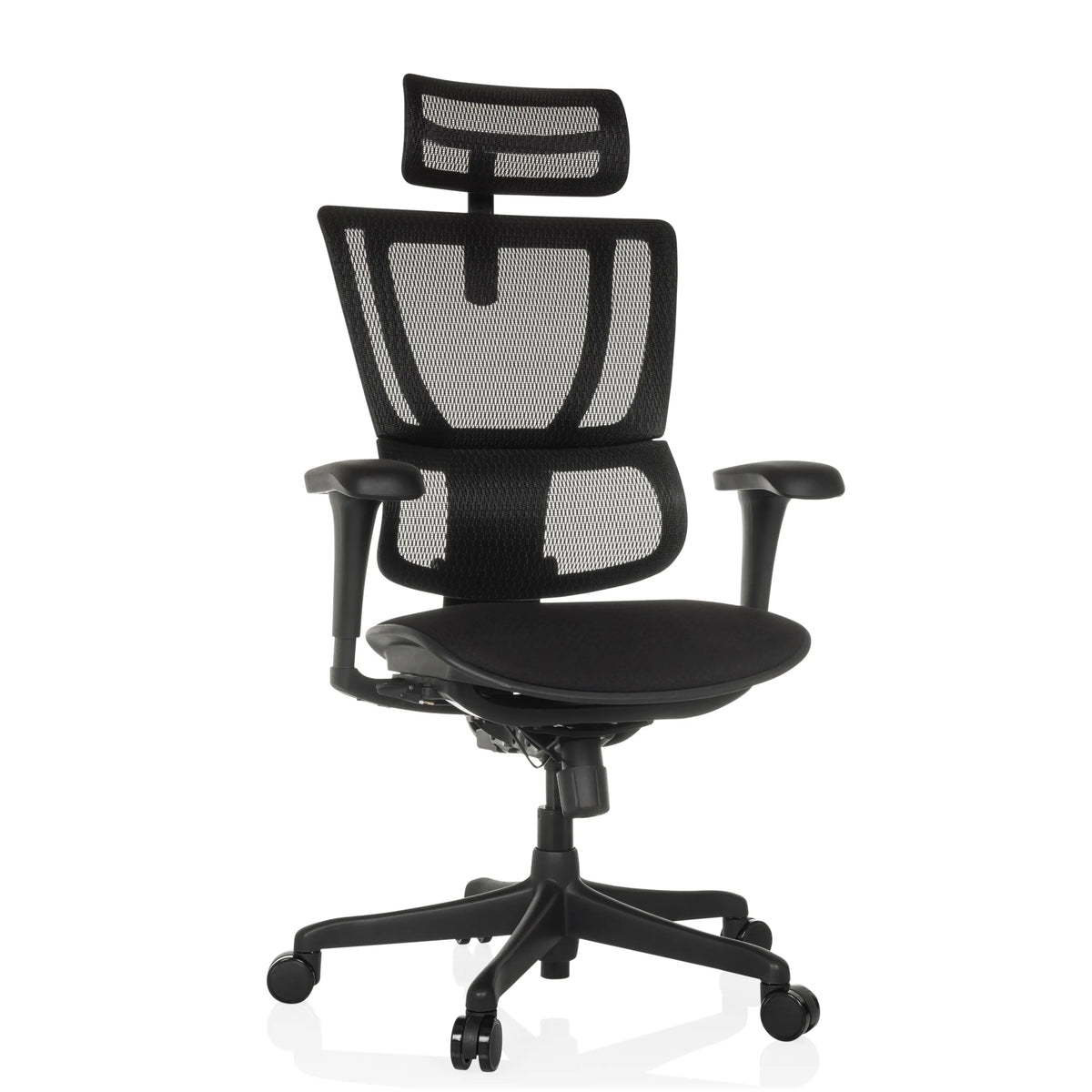 Zwarte luxe directiestoel ERGOHUMAN SLIM ECO F GEN2 met netrugleuning en vijfster-onderstel met wieltjes van hjh OFFICE – 360-gradenweergave (vooraanzicht 15°)