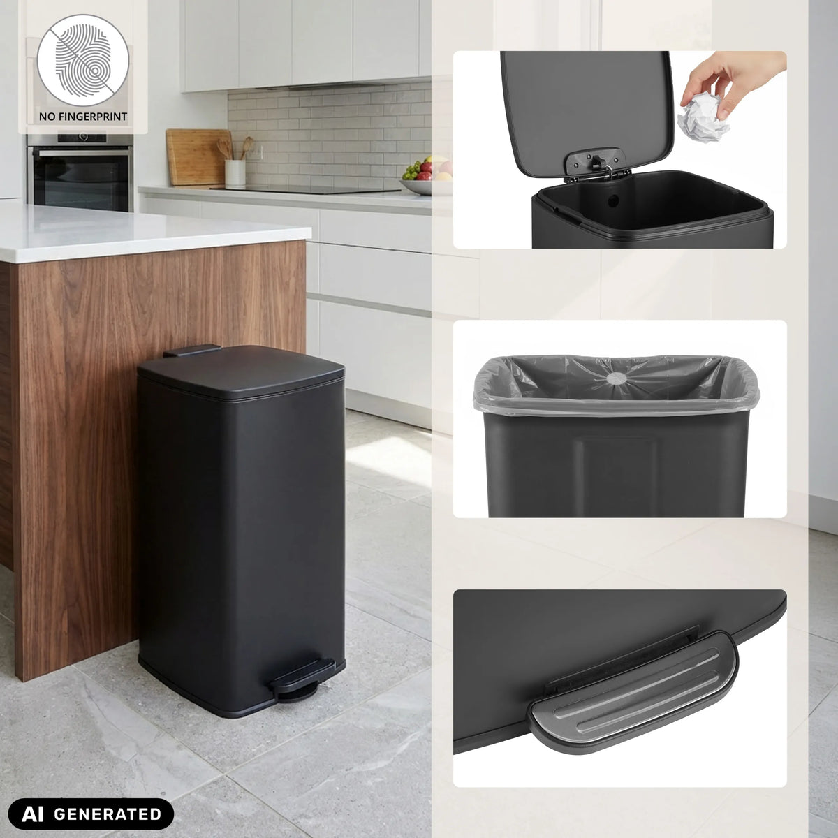Zwarte Clean Step 4 prullenbak met voetpedaal, binnenemmer en vingerafdrukbeveiliging van hjh OFFICE (AI-gegenereerde afbeelding)