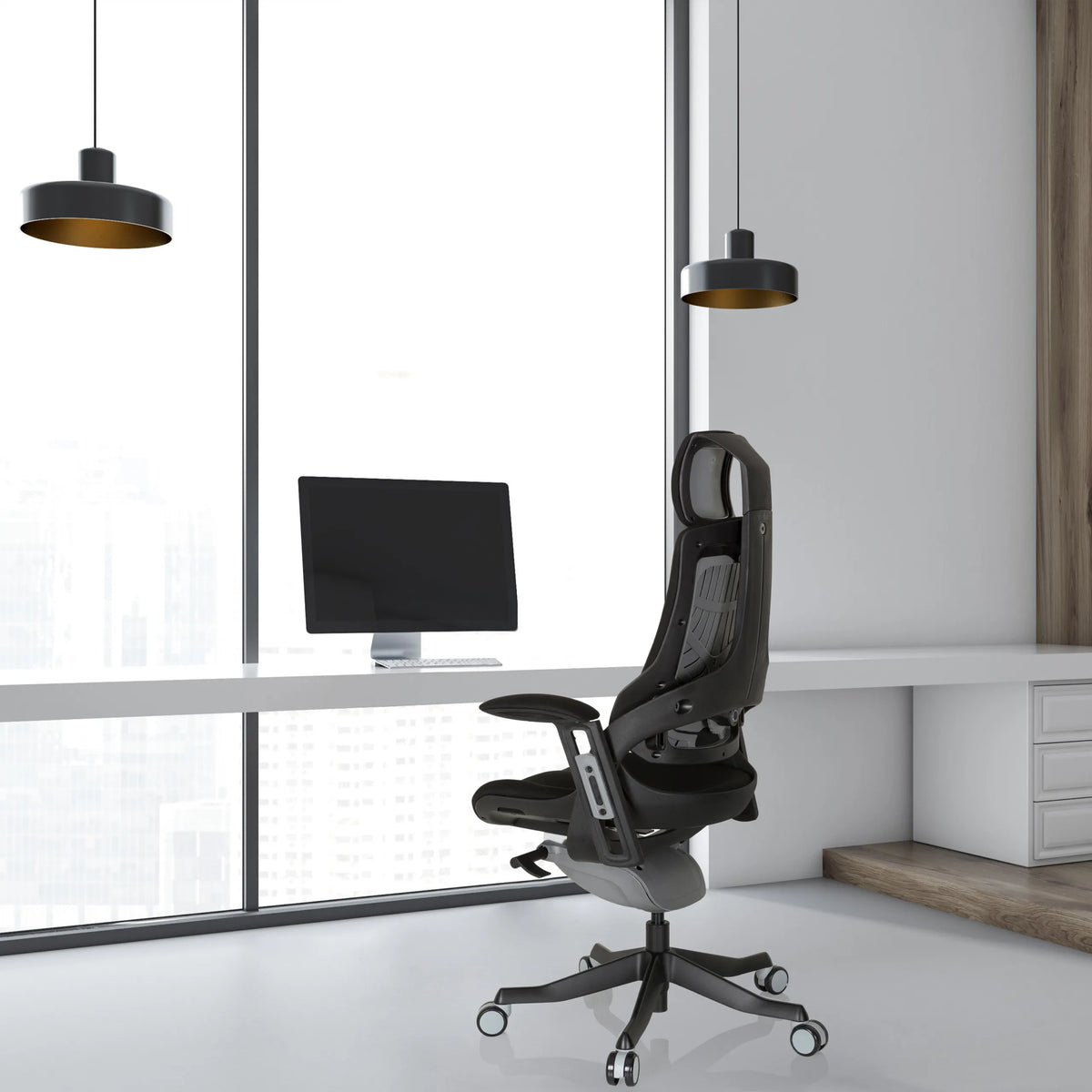 Zwarte Professionele bureaustoel SPEKTRE BLACK met netrugleuning en stoffen bekleding van hjh OFFICE