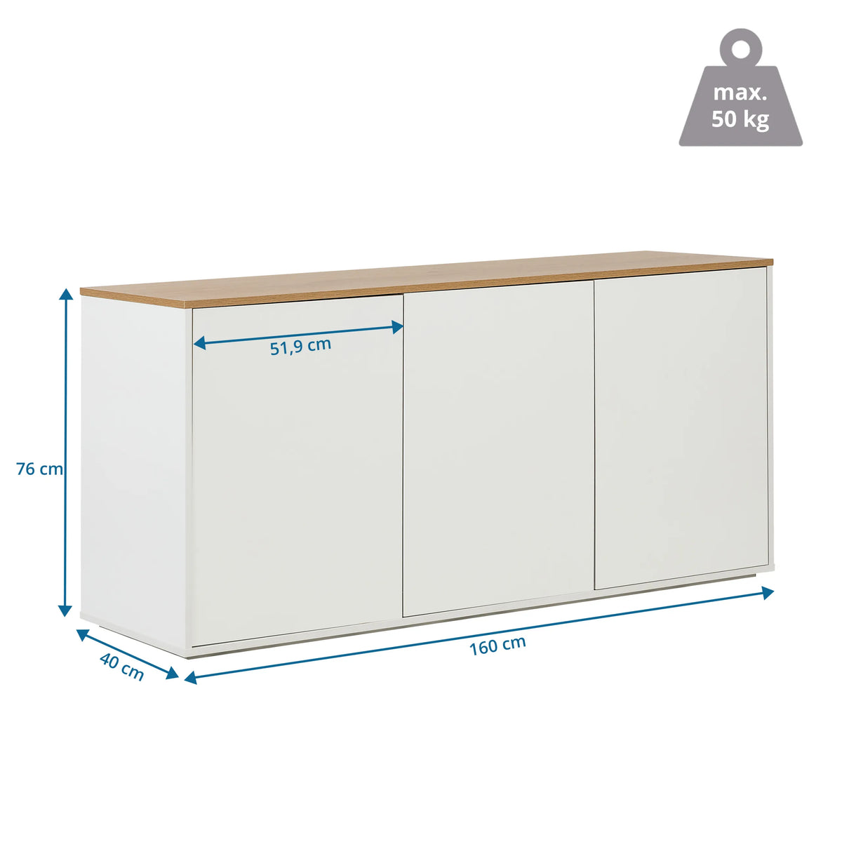 Maattekening van het Dressoir KELO S met 160 x 40 cm van hjh LIVING