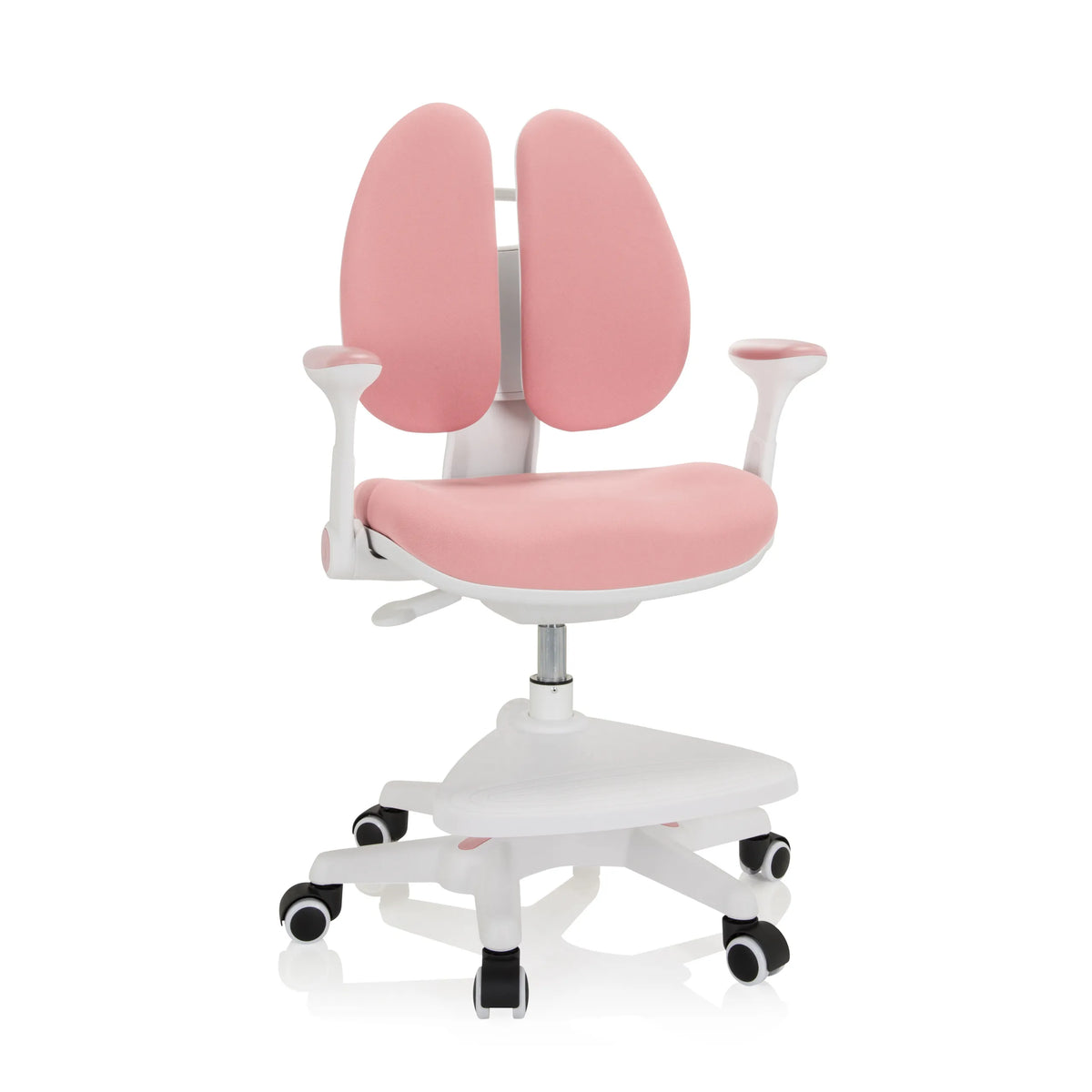 Roze kinderstoel KID WING met gedeelde rugleuning en wit vijfsterrenvoet met wieltjes van hjh OFFICE – 360-gradenweergave (vooraanzicht 20°)