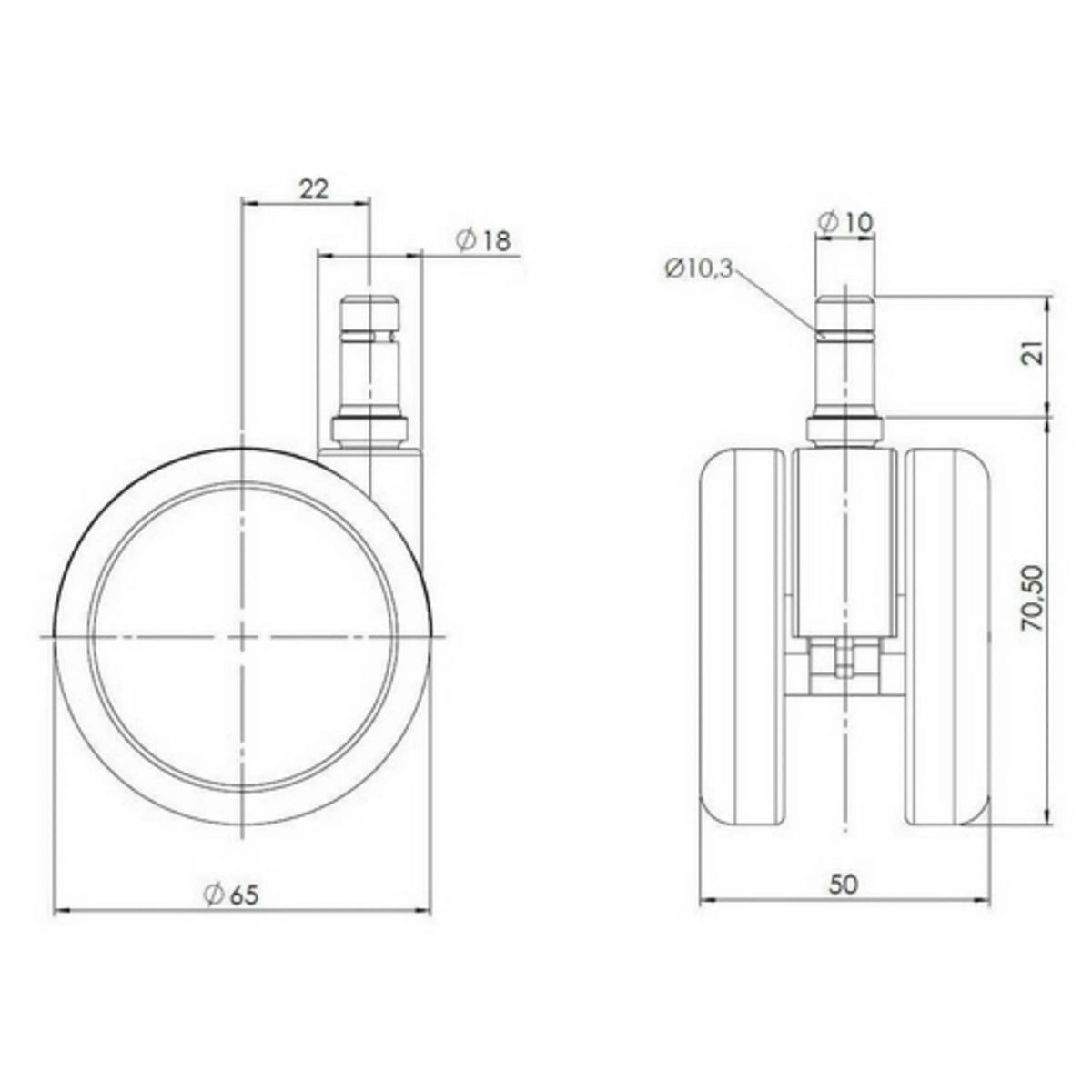 Technische tekening van de Bureaustoelwielen 5x ROLO 10mm/65mm met een diameter van 65 mm van hjh OFFICE