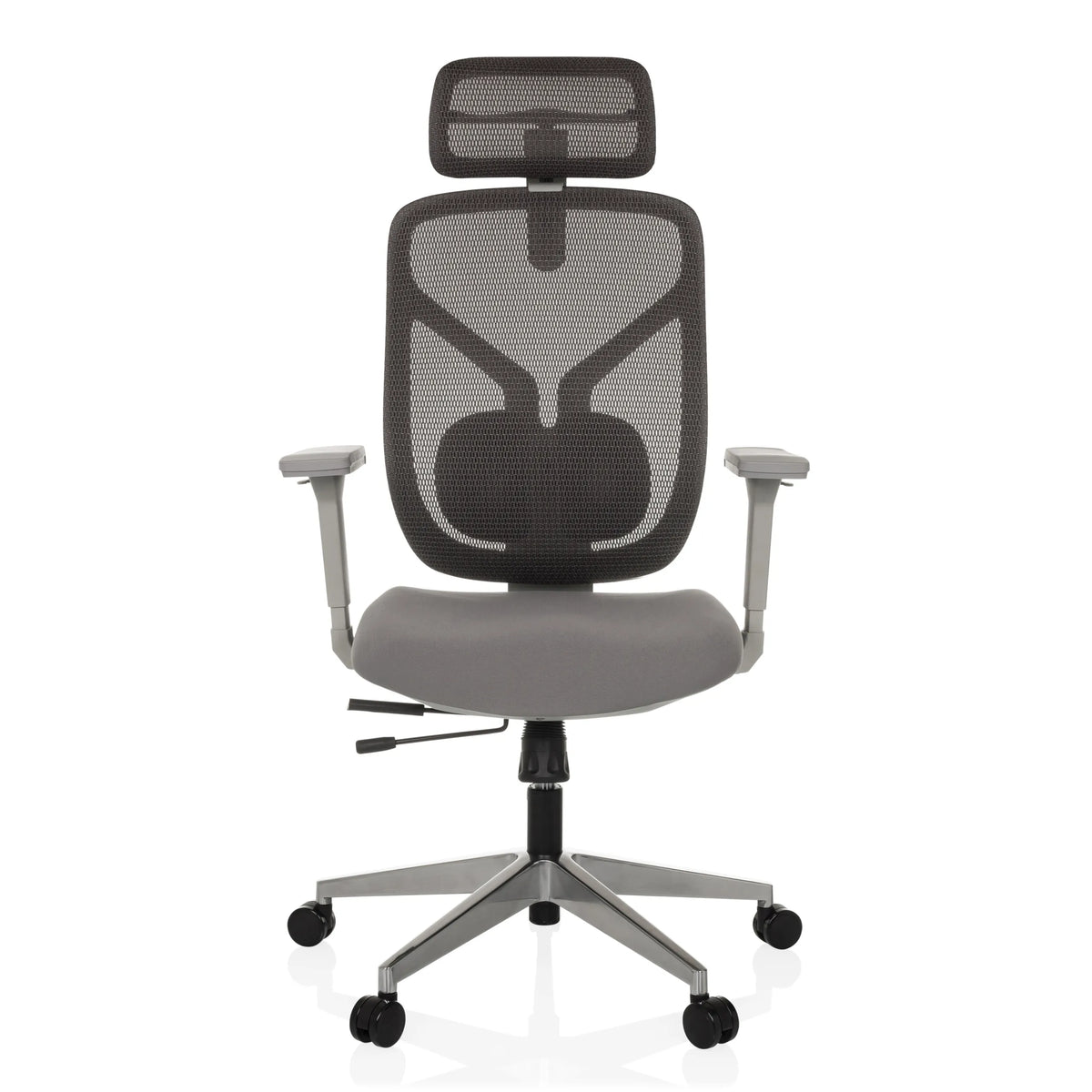 Grijze High end bureaustoel CASSILIS W met netrugleuning en vijfpoot met wieltjes van hjh OFFICE – 360-gradenweergave (vooraanzicht 0°)