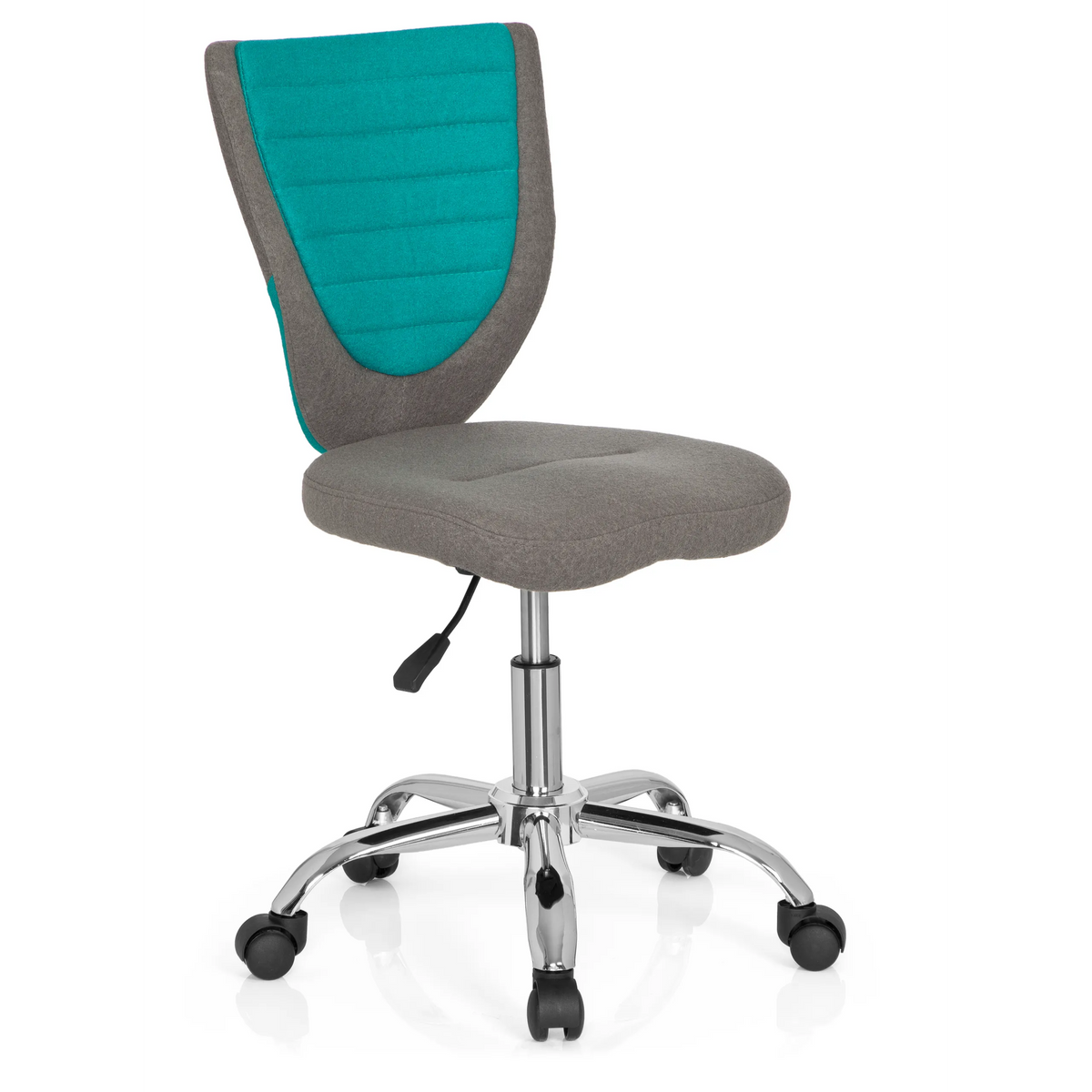 Grijs-turquoise Kinder bureaustoel KIDDY COMFORT met kruisvoet en vijf zwenkwielen van hjh OFFICE – 360-gradenweergave (schuin vooraanzicht 40°)