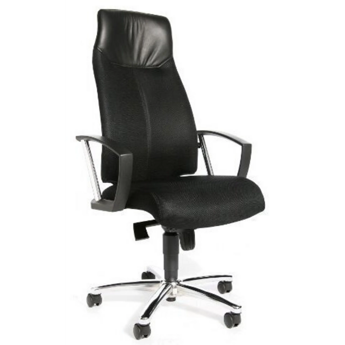 Zwarte professionele directiestoel HIGH SIT UP met netrugleuning, armleuningen en voetkruis van Topstar