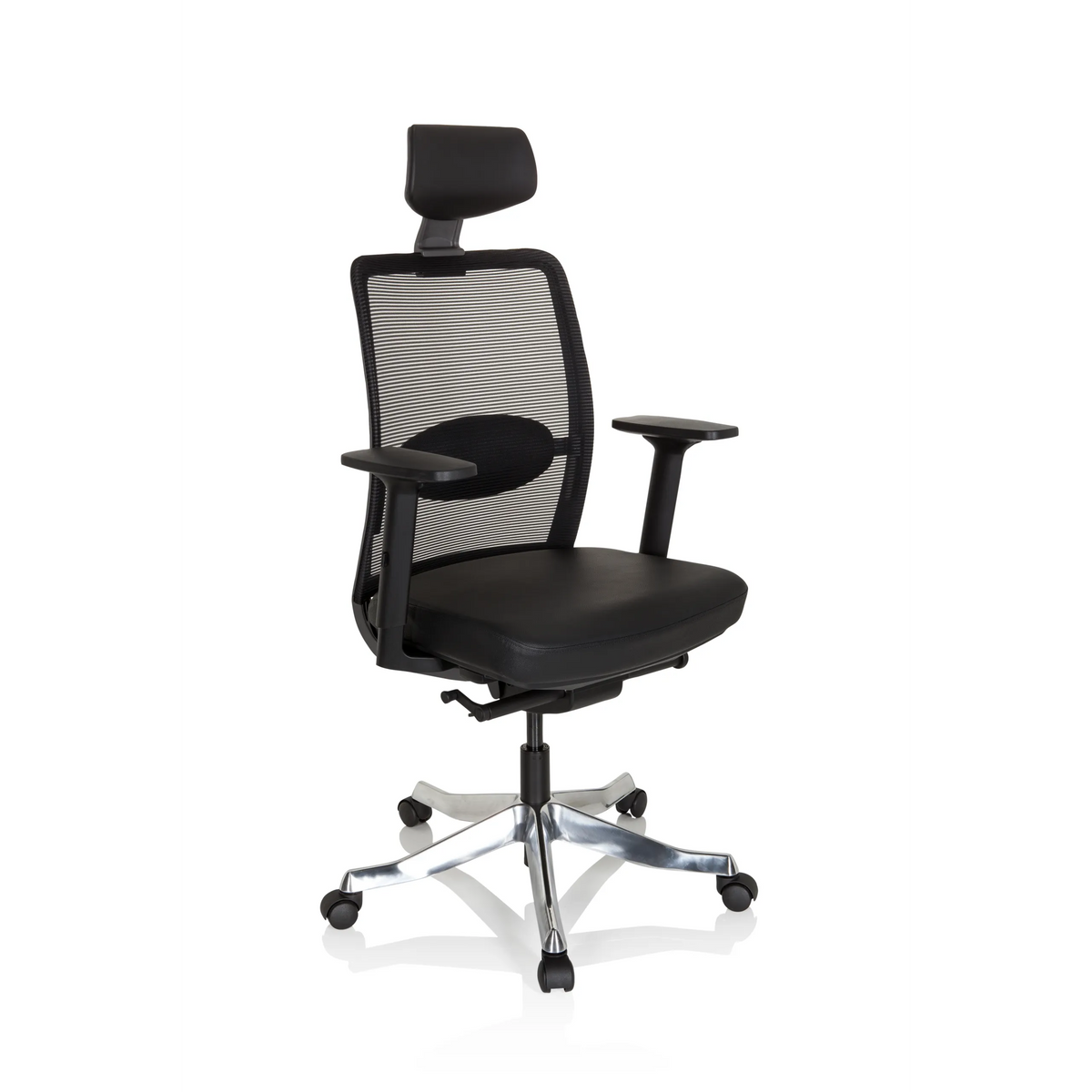 Zwarte Luxe directiestoel SENATOR PRO met netrug, hoofdsteun en vijfpoot met wielen van hjh OFFICE – 360-gradenweergave (schuin vooraanzicht 40°)
