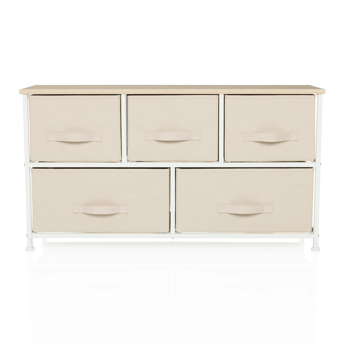 Beige Commode FOLDAR met vijf stoffen lades en wit frame van hjh LIVING – 360-gradenweergave (vooraanzicht 0°)