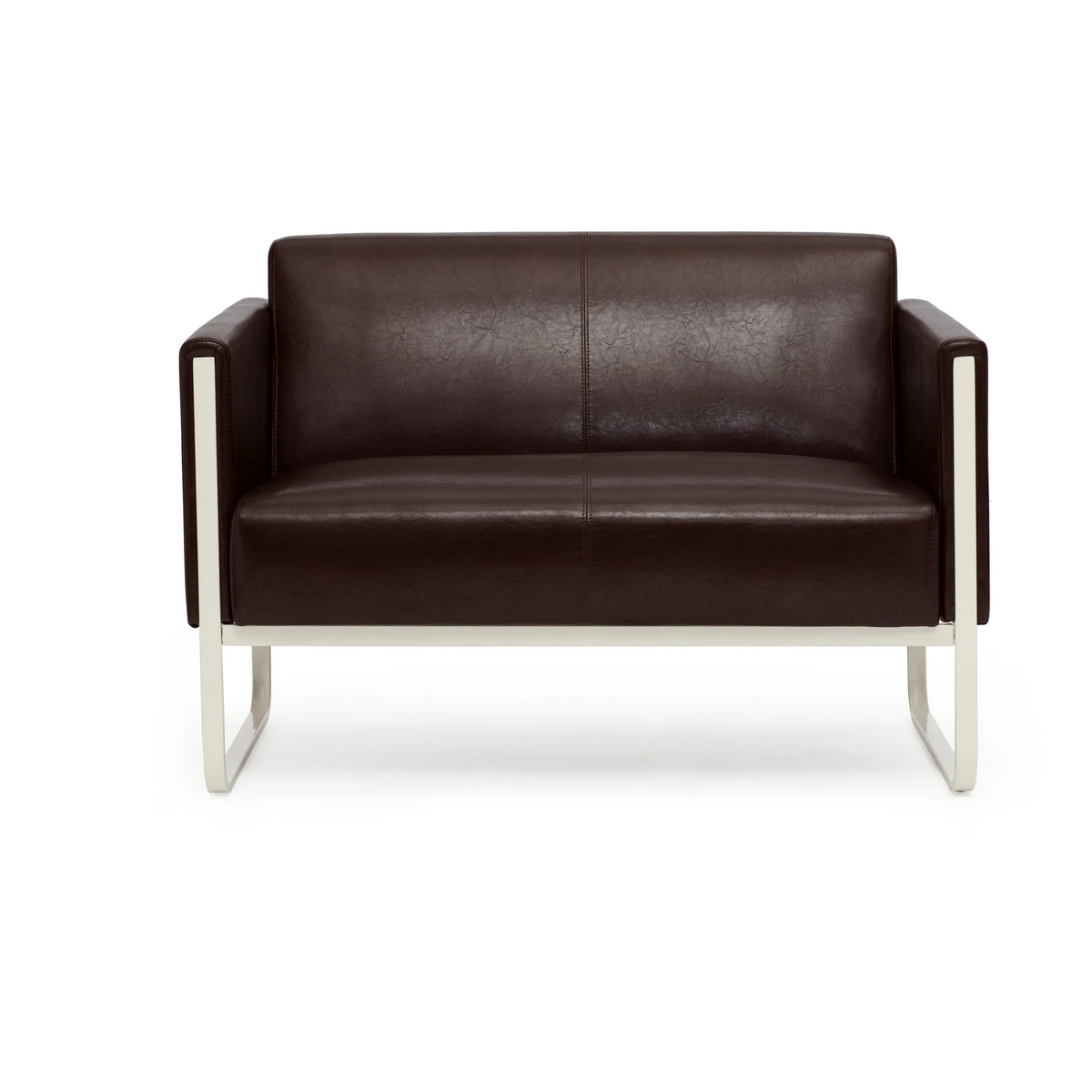 Bruine lounge bank ARUBA als tweezitter met zilverkleurig metalen frame van hjh OFFICE – 360-gradenweergave (vooraanzicht 0°)
