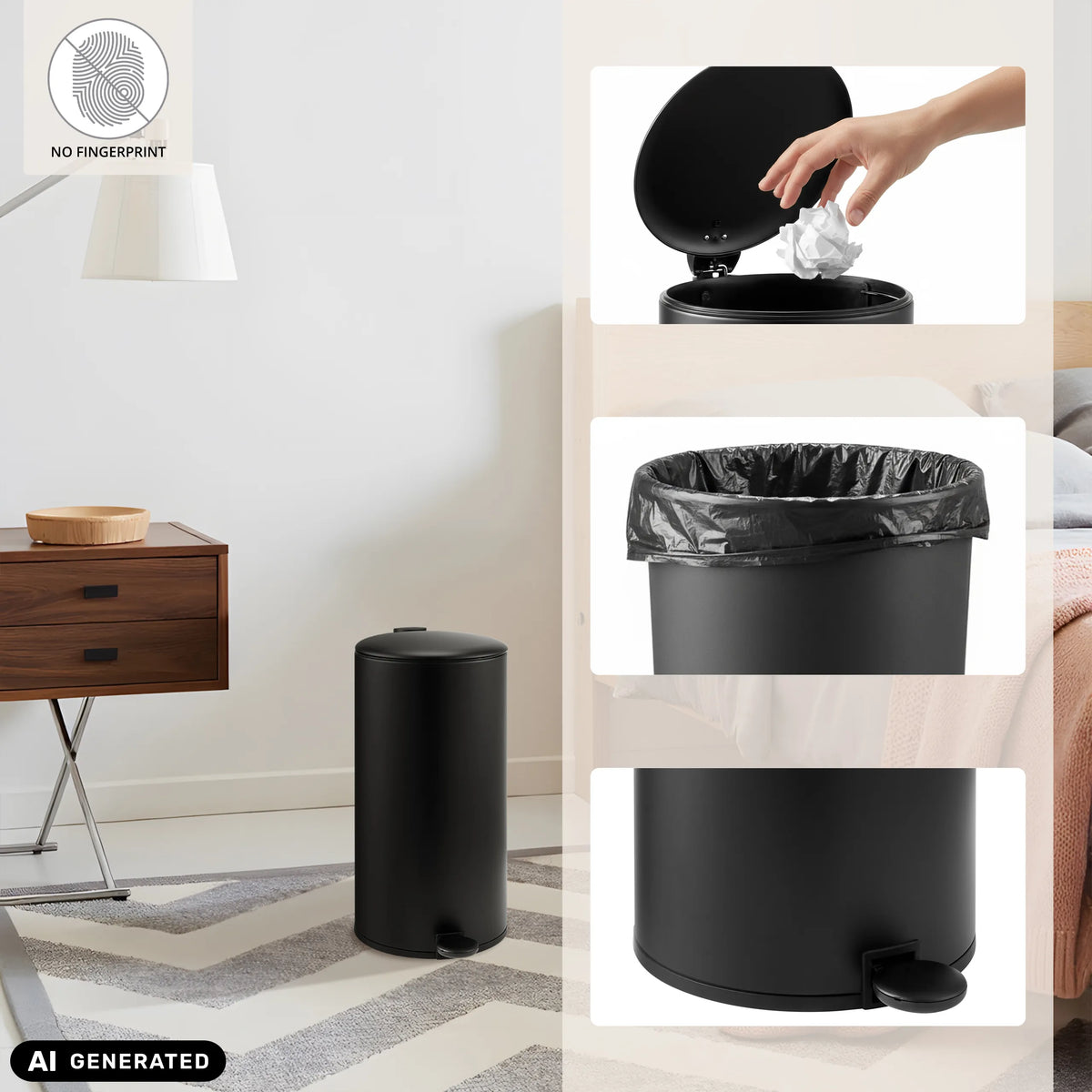 Zwarte CLEAN STEP 2 prullenbak met deksel, vuilniszak en voetpedaal van hjh OFFICE (AI-gegenereerde afbeelding)