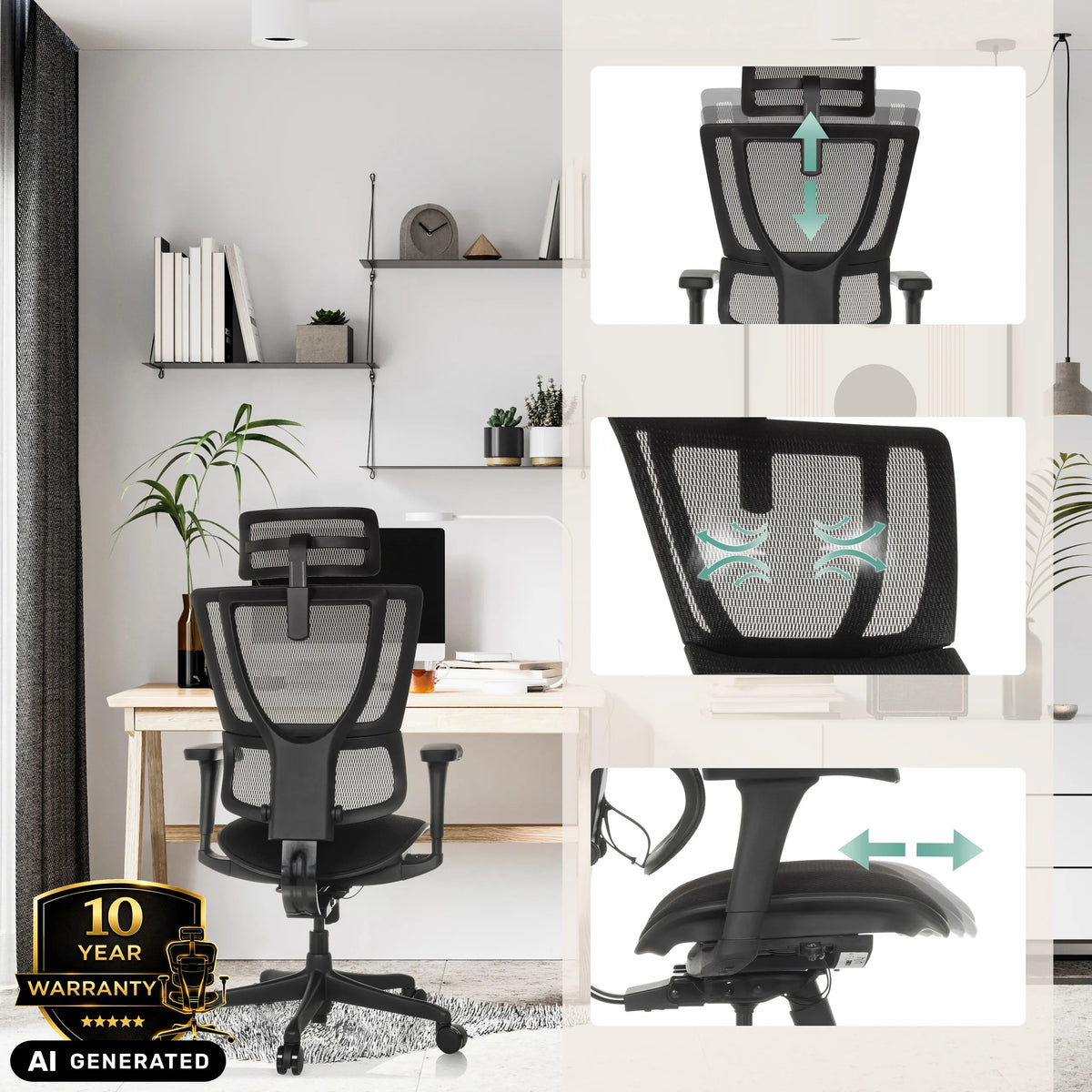 Verstelbare functies van de luxe directiestoel ERGOHUMAN SLIM ECO F GEN2 in zwart van hjh OFFICE (AI-gegenereerde afbeelding)