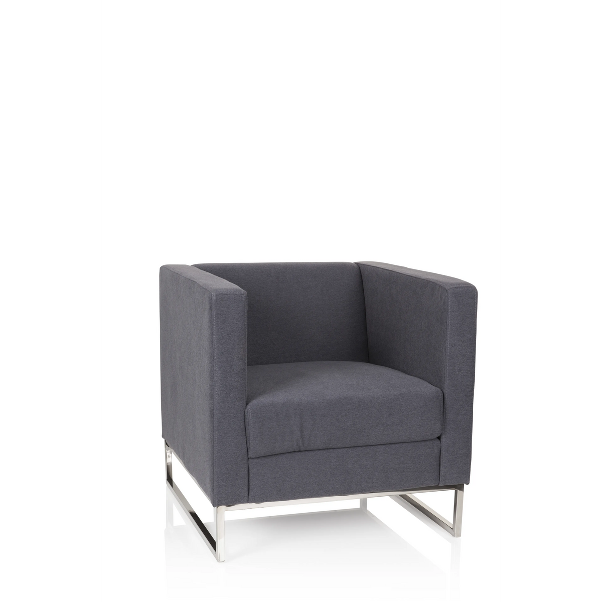 Donkergrijze Gestoffeerde fauteuil BARBADOS met vierkant design en metalen frame van hjh OFFICE – 360-gradenweergave (vooraanzicht 20°)