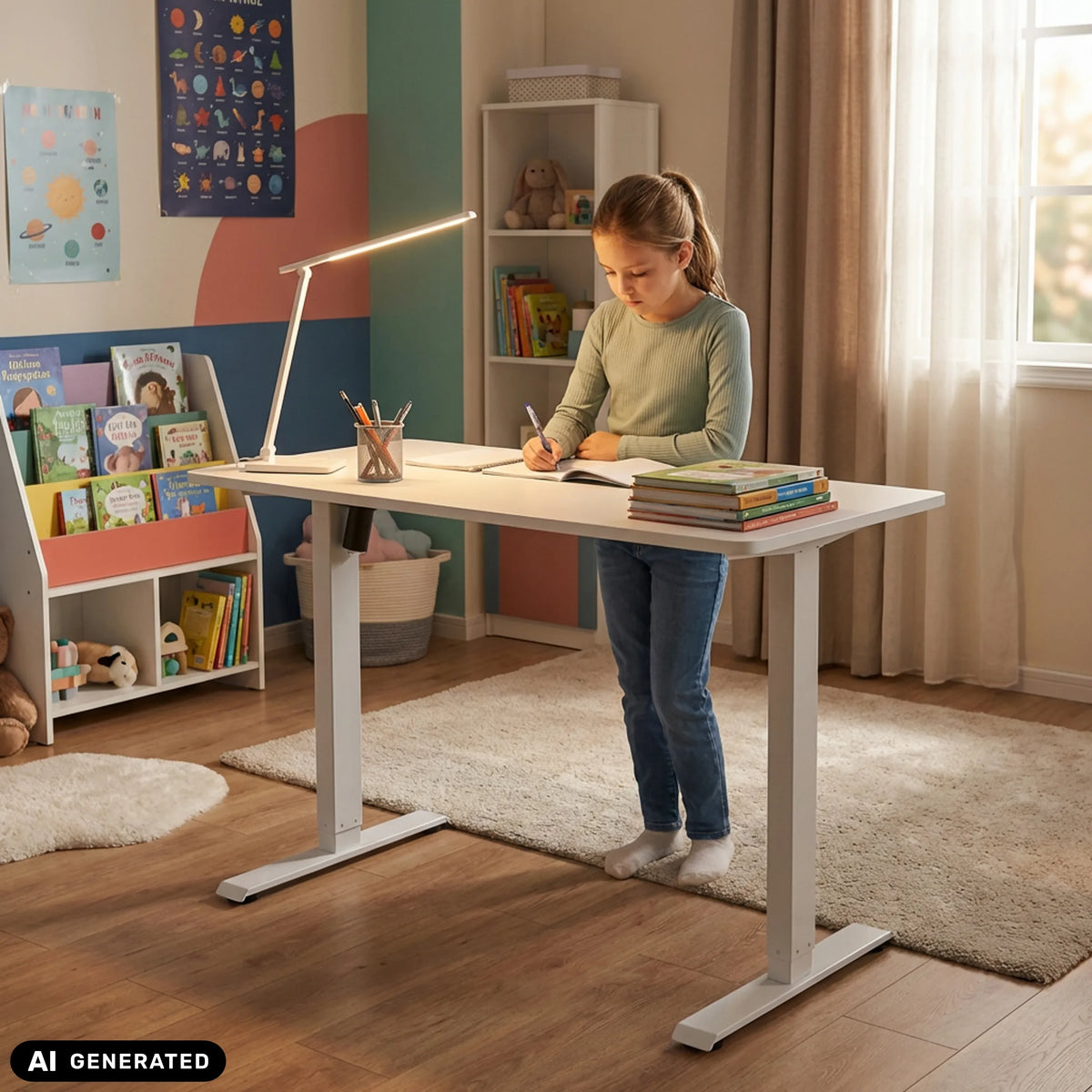 Elektrisch in hoogte verstelbaar bureau Worktime Kid in het wit van hjh OFFICE (AI-gegenereerde afbeelding)
