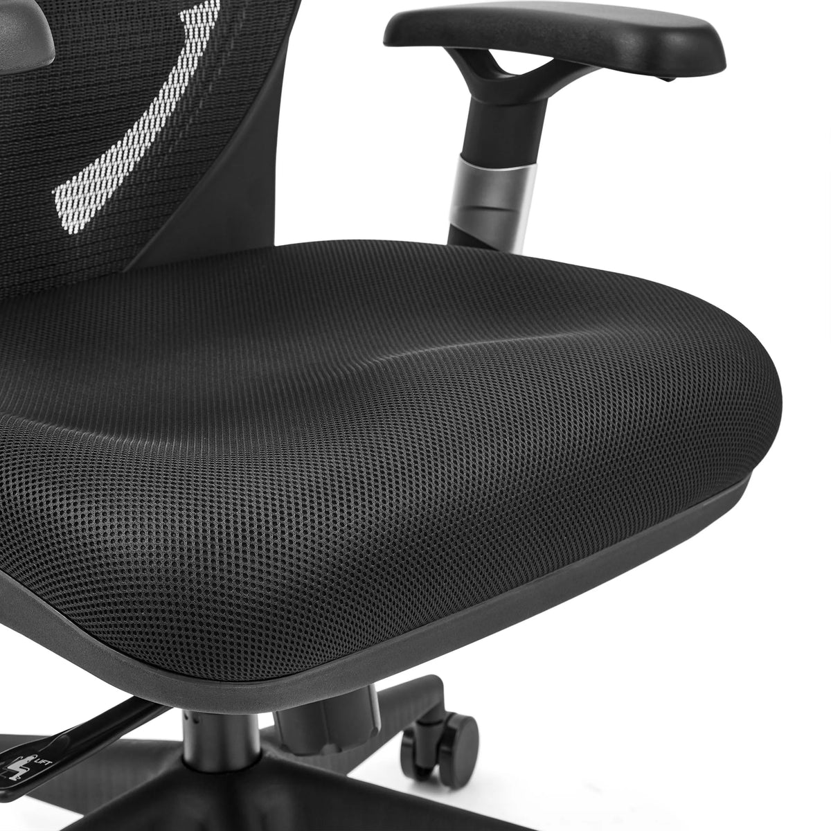 Zwart gevlochten zitting van de high end bureaustoel VENUS BASE van hjh OFFICE