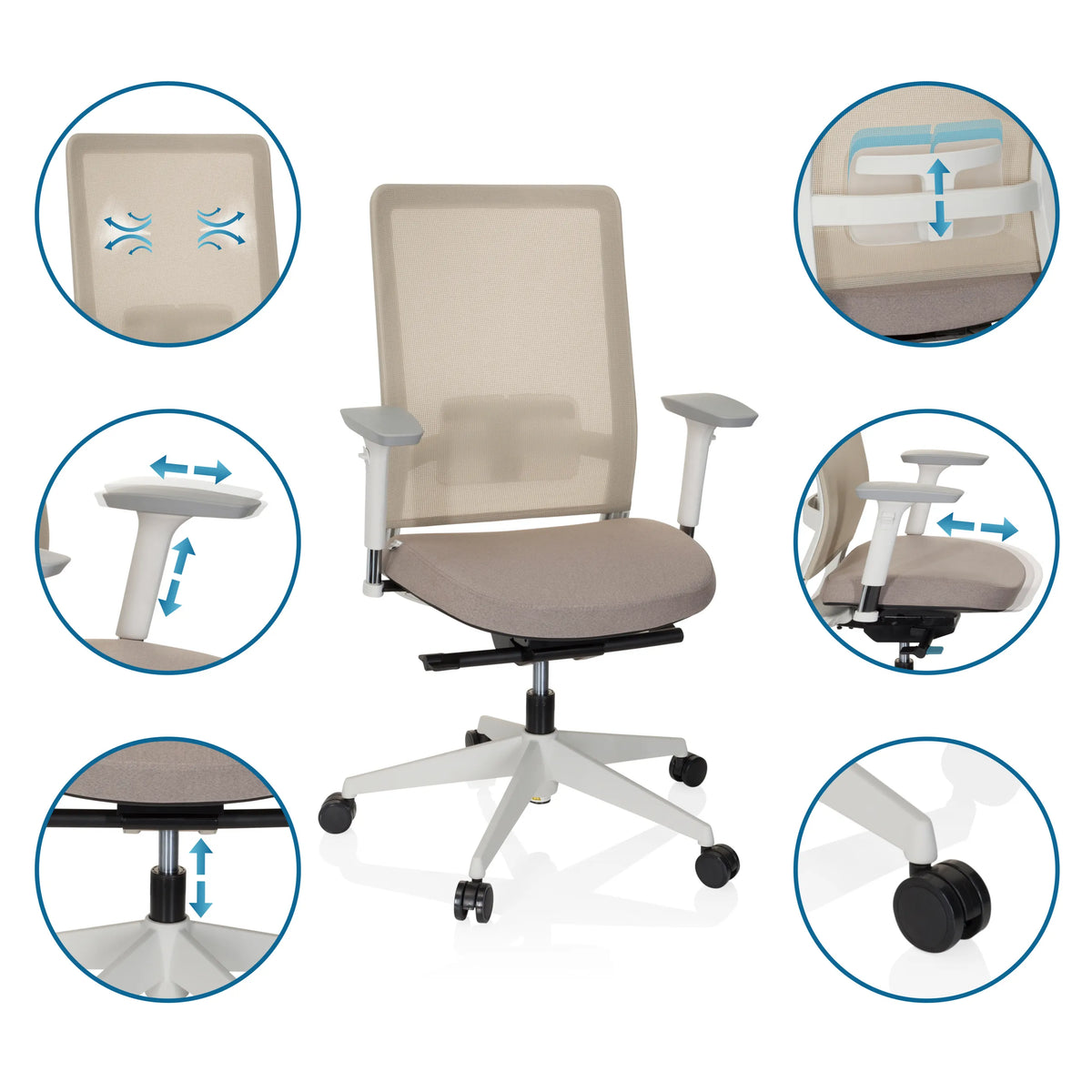 Verstelbare functies van de Professionele bureaustoel PURE WHITE in beige van hjh OFFICE