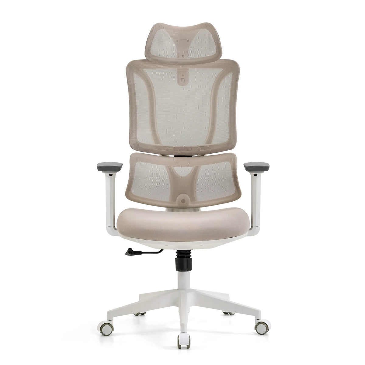 Beige Professionele bureaustoel ERGOMY W met netrug en wit onderstel met vijf wieltjes van MyBuero – 360-gradenweergave (vooraanzicht 0°)