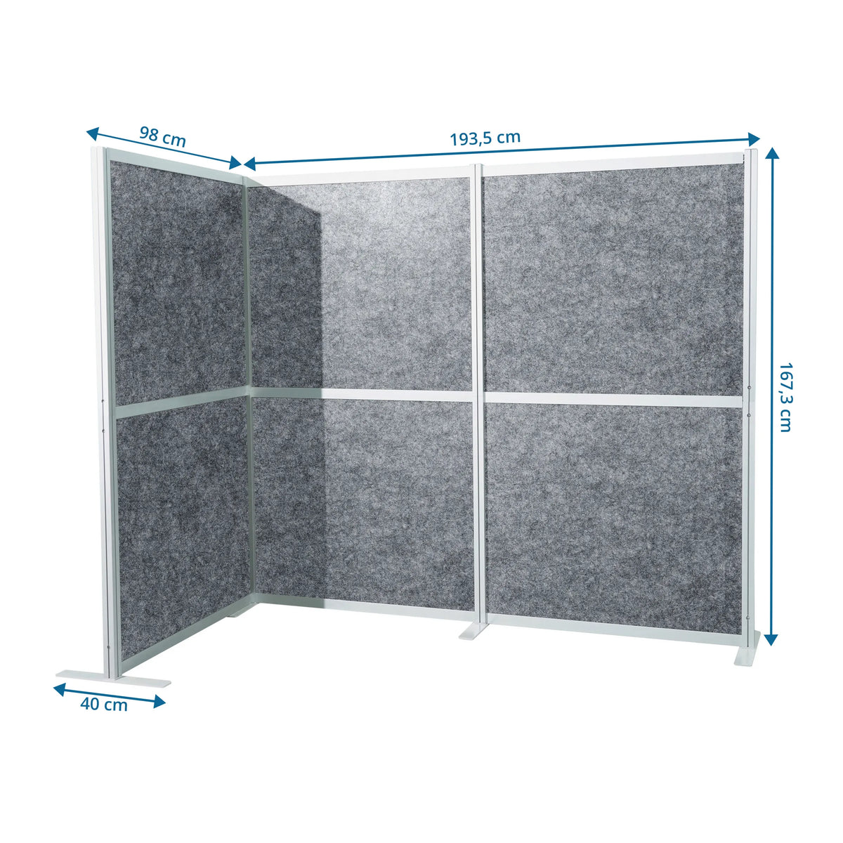 Maattekening van de Scheidingswand Flexmiut Modul L van 193,5 × 167,3 cm in grijs van hjh OFFICE