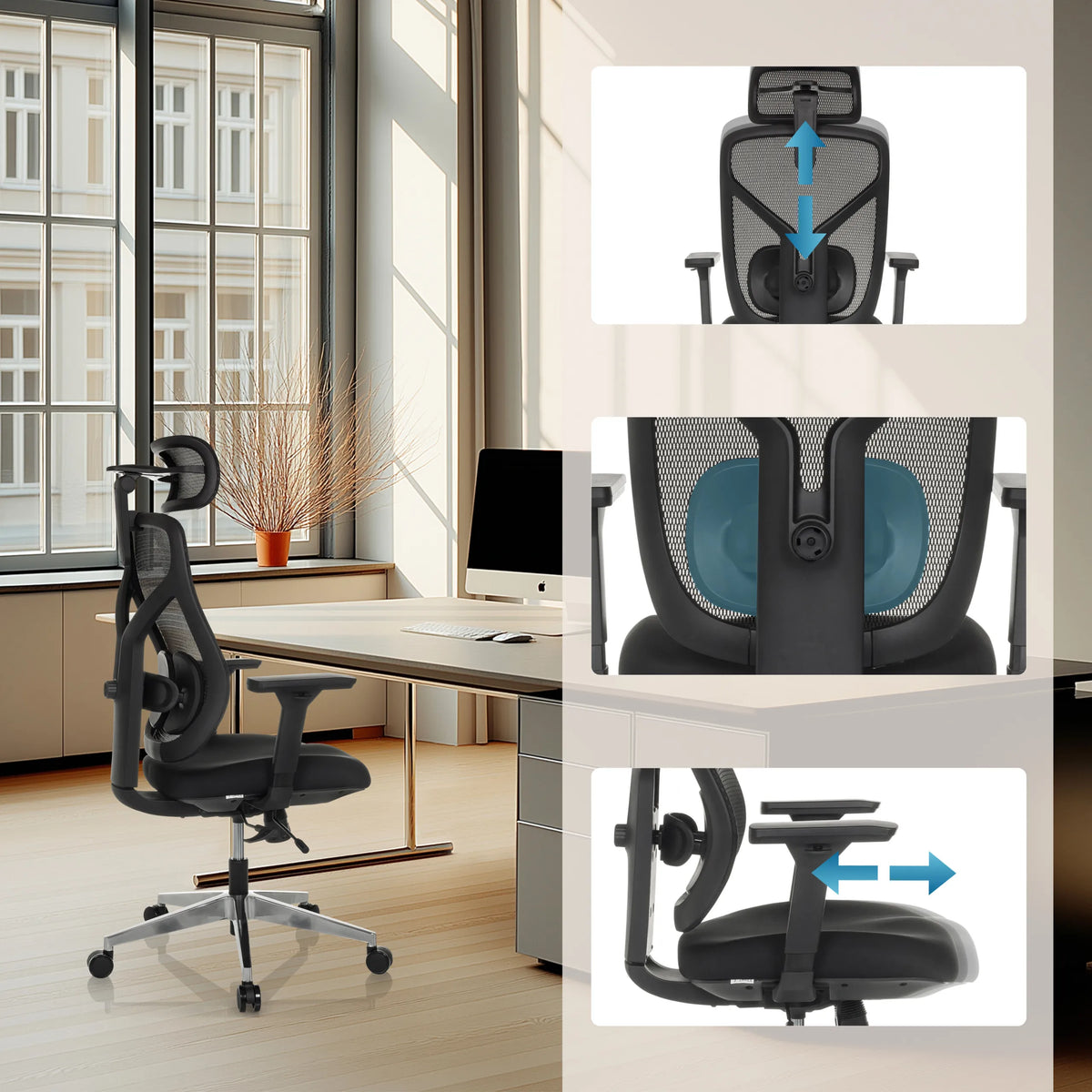 In hoogte verstelbare hoofdsteun, lendensteun en zitting van de High end bureaustoel CASSILIS B van hjh OFFICE