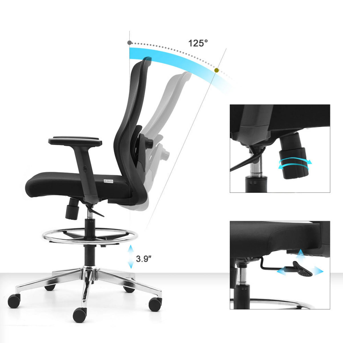 Verstelbare rugleuning tot 125° en hoogteverstelling van 3,9" van de Top Work 44 werkstoel van hjh OFFICE