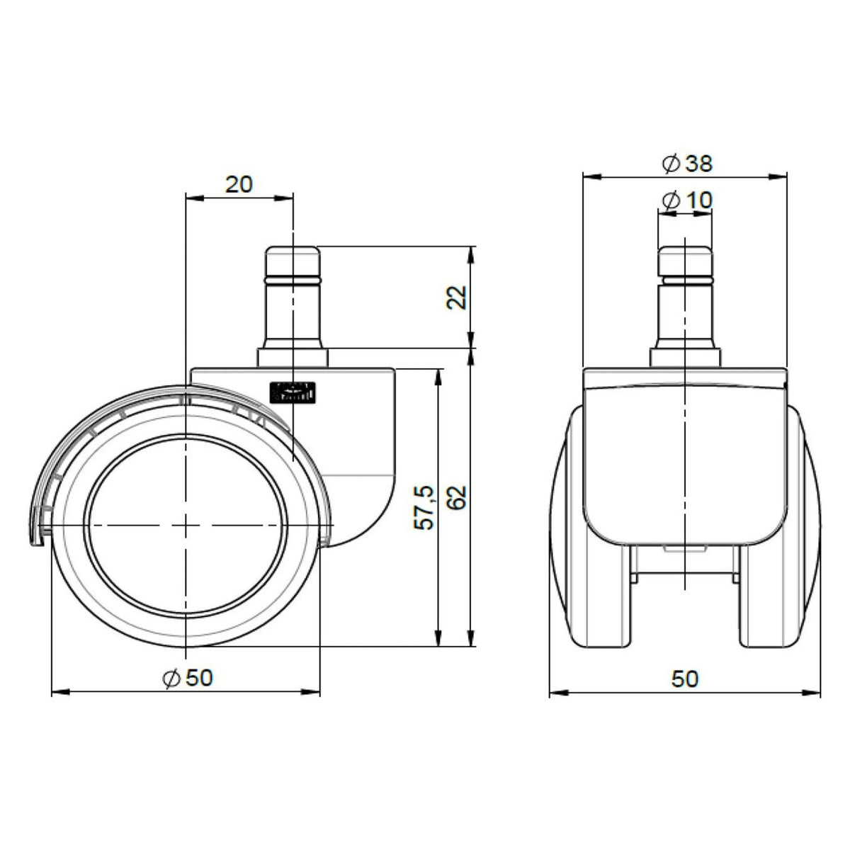 Technische tekening van de 5x ROLO FREE 10mm/50mm bureaustoelwielen met een roldiameter van 50 mm van hjh OFFICE