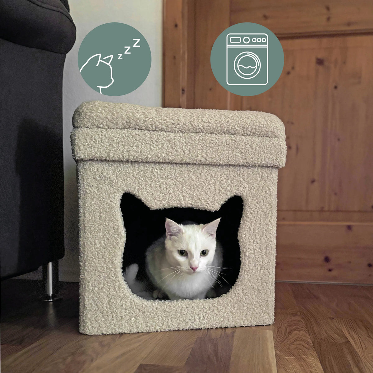 Beige Kattenhuis PAWY ES met zachte bekleding en een witte kat erin van hjh LIVING