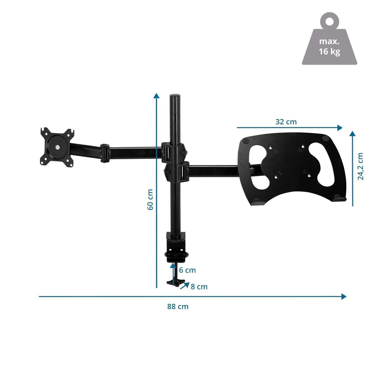 Technische tekening van de Monitorsteun VM-MH2 met een totale breedte van 88 cm van hjh OFFICE