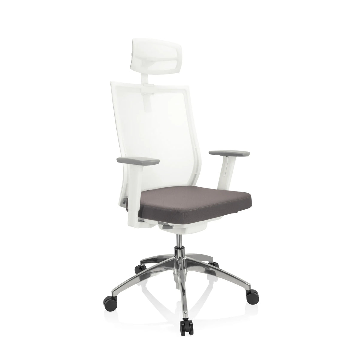 Grijs-witte Professionele bureaustoel ASPEN WHITE PRO met netrug, hoofdsteun en vijfpoot met zwenkwielen van hjh OFFICE – 360-gradenweergave (schuin vooraanzicht 40°)