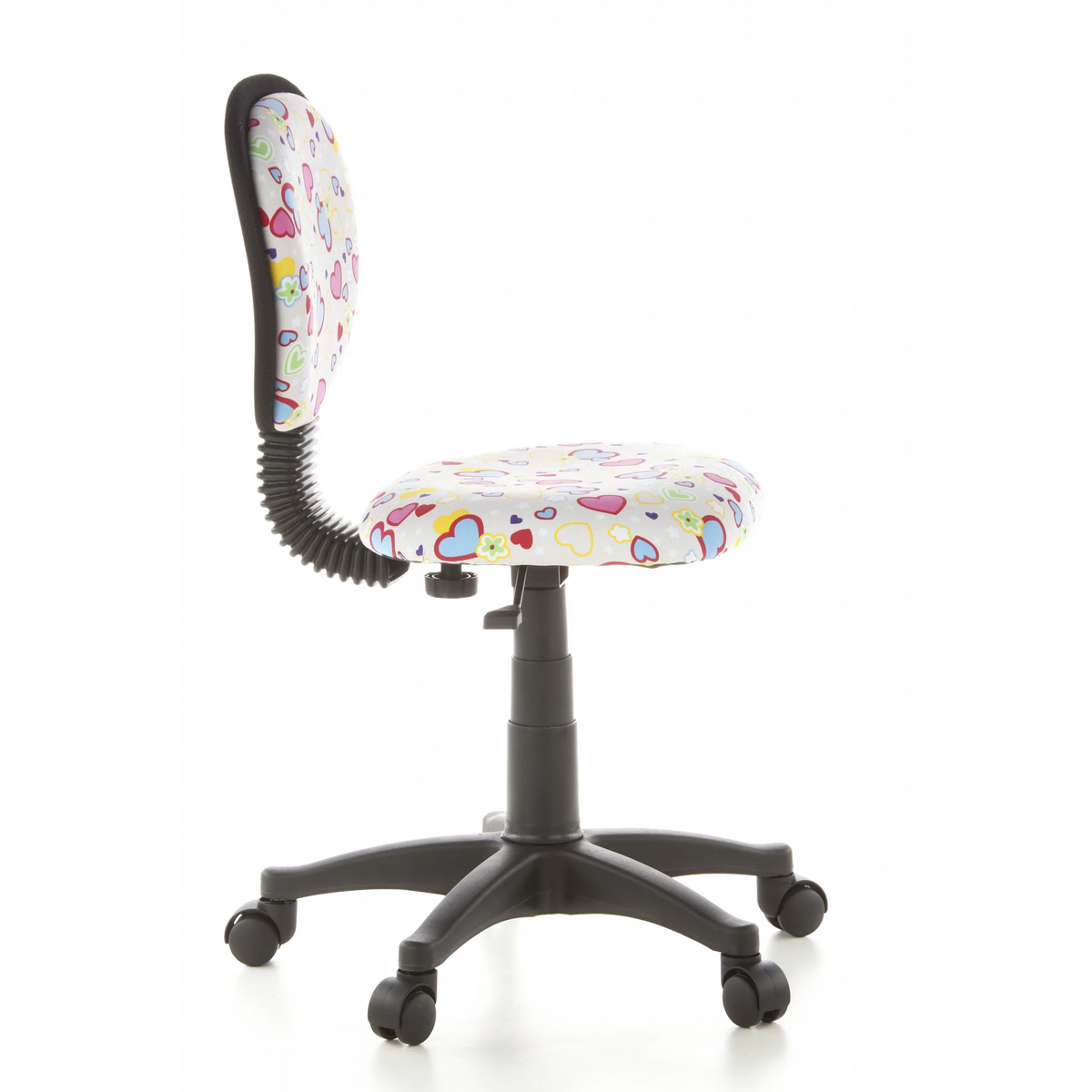 Kinder bureaustoel KIDDY TOP met kleurrijk hart- en bloemenpatroon en vijfpoot met zwenkwielen van hjh OFFICE – 360-gradenweergave (zijaanzicht 80°)