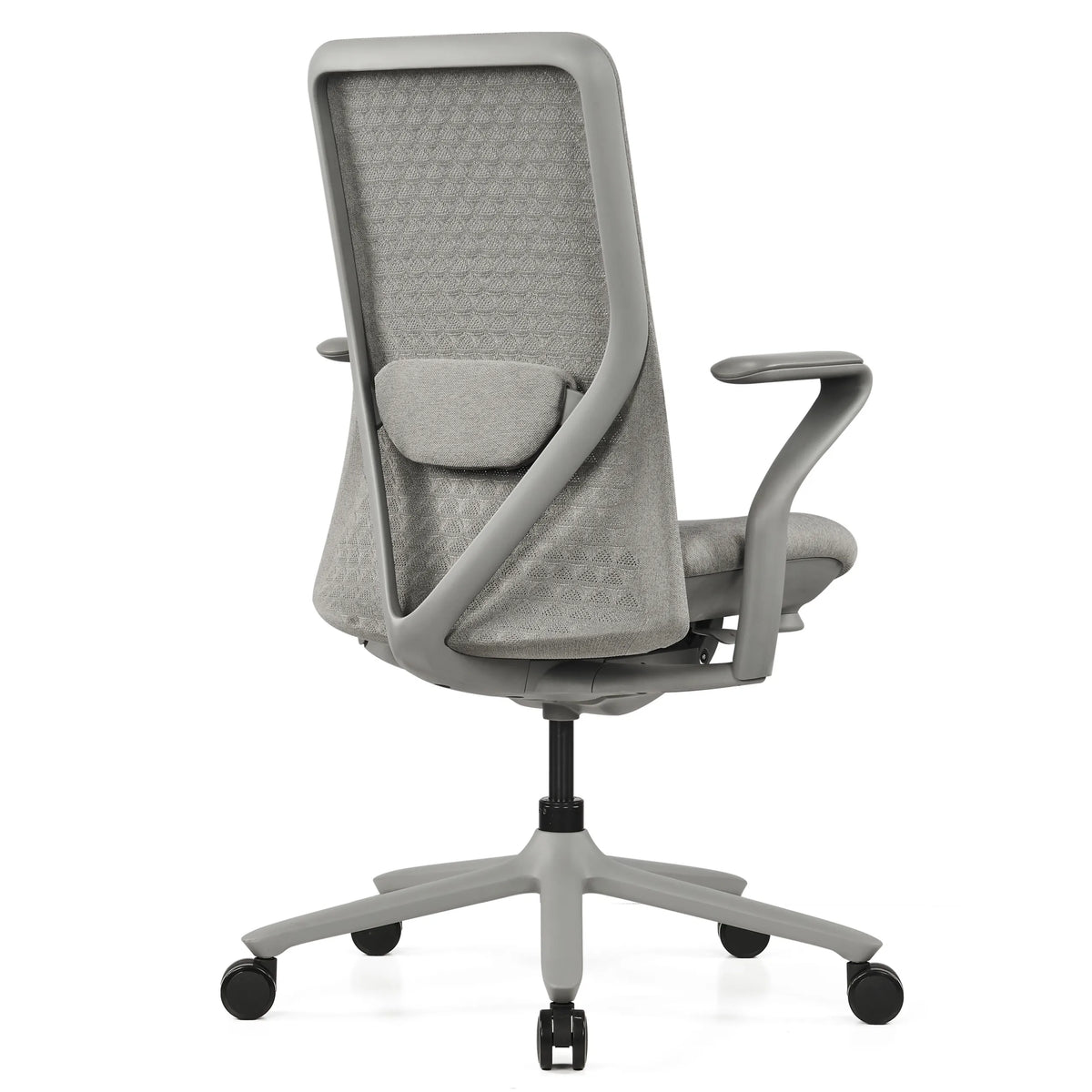 Achteraanzicht van de High end bureaustoel VERVIO in grijs met netrugleuning van hjh OFFICE