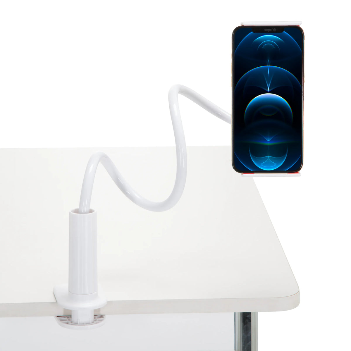 Witte houder voor mobiele telefoon & tablet FLEXMOBI I met flexibele zwanenhals en tafelbevestiging van hjh OFFICE – 360-gradenweergave (vooraanzicht 0°)
