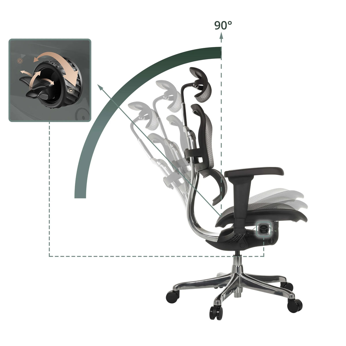 Verstellbare Rückenlehne des Luxus Chefsessels ERGOHUMAN ULTRA GEN2 mit einem Neigungswinkel von 90° von hjh OFFICE