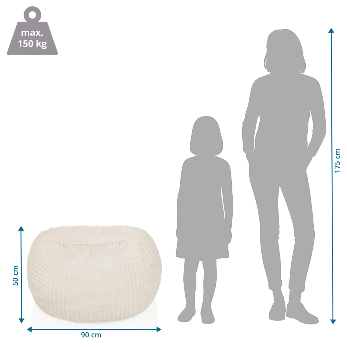 Maattekening van de Sitzolo R Zitzakken met 90 × 50 cm en een maximale belasting van 150 kg van hjh LIVING