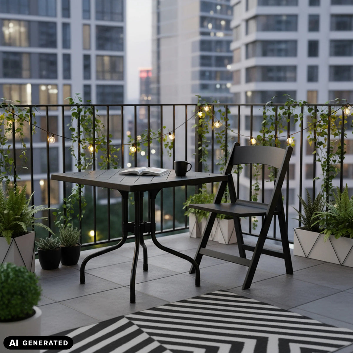 Zwarte klaptafel TRAVANO T1 met afmetingen 79 × 79 cm op een balkon van hjh LIVING (AI-gegenereerde afbeelding)
