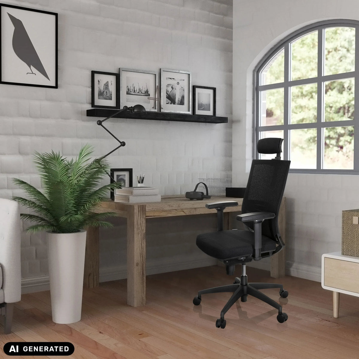 Zwarte professionele bureaustoel PORTO MAX HIGH I aan een houten bureau in een thuiskantoor van hjh OFFICE (AI-gegenereerde afbeelding)