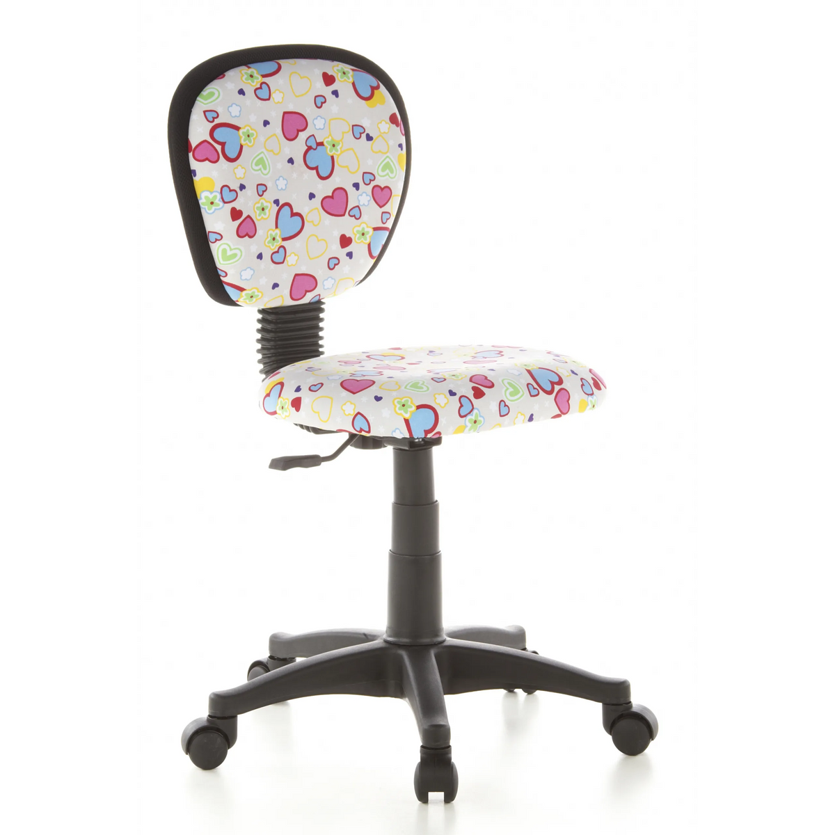 Kinder bureaustoel KIDDY TOP met kleurrijk hart- en bloemenpatroon en vijfpoot met zwenkwielen van hjh OFFICE – 360-gradenweergave (schuin vooraanzicht 40°)