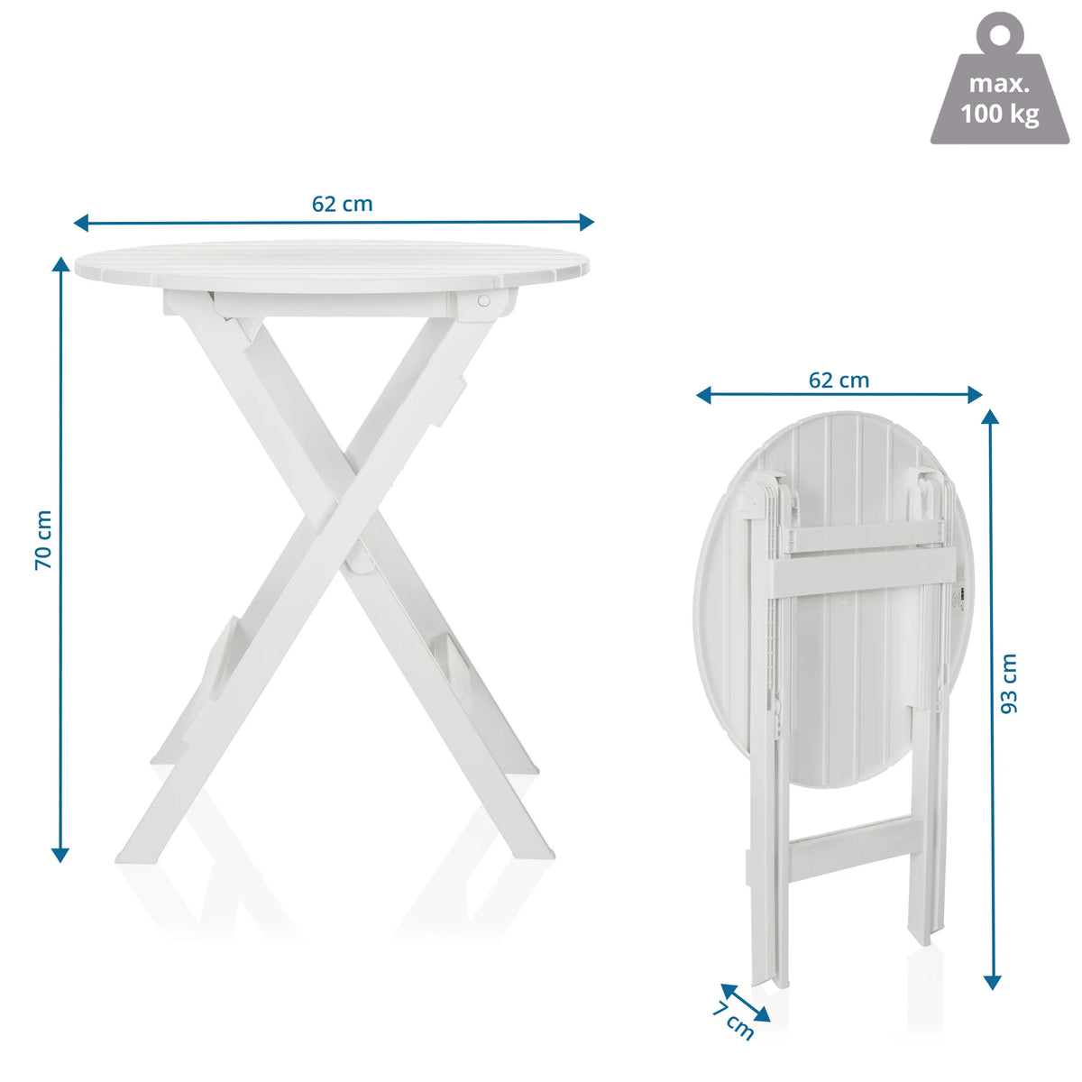 Maattekening van de Klaptafel TRAVANO T met 62 × 62 cm en een hoogte van 70 cm van hjh LIVING