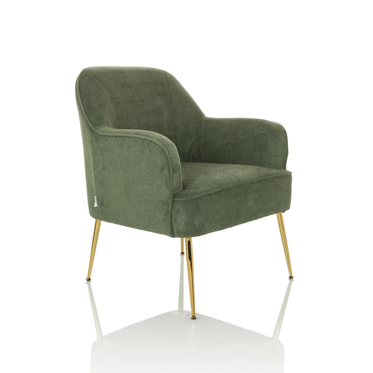 Groene Lounge stoel THASSOS met armleuningen en gouden metalen poten van hjh LIVING – 360-gradenweergave (schuin vooraanzicht 45°)