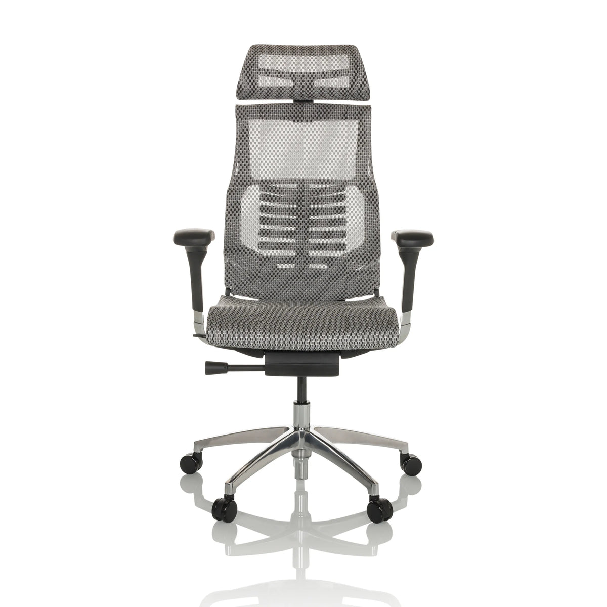 Lichtgrijze High end bureaustoel POFIT GEN2 met netrug en vijfpoot met zwenkwielen van hjh OFFICE – 360-gradenweergave (vooraanzicht 0°)